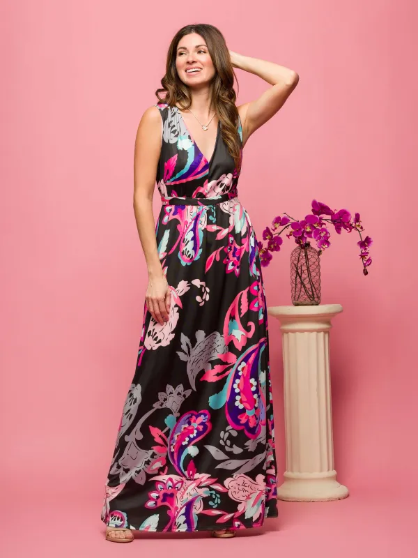 24seven Comfort Apparel Womens Black and Pink Print V Neck Empire Waist Sleeveless Maxi Dress sold by 24/7 Comfort Apparel