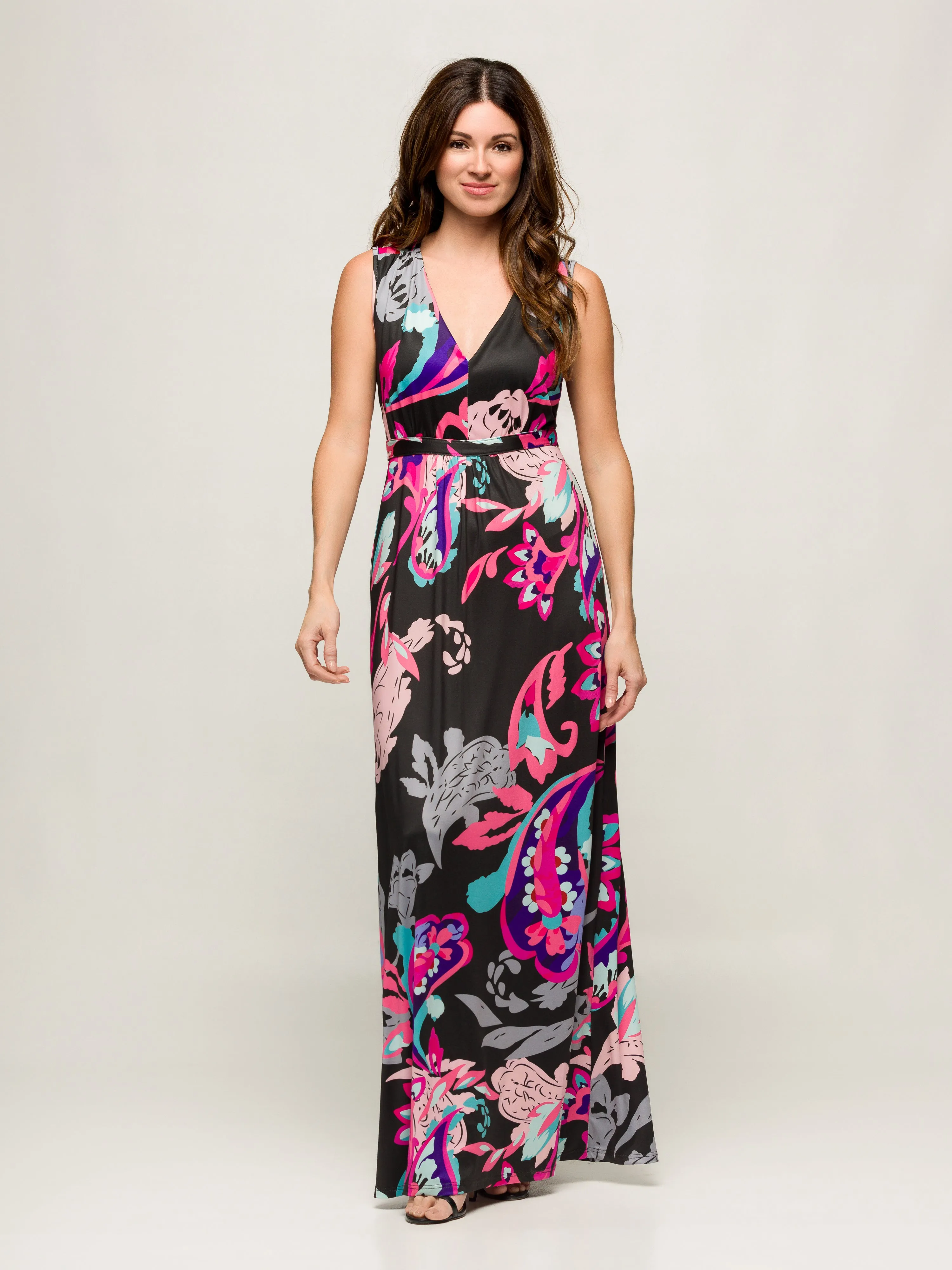 24seven Comfort Apparel Womens Black and Pink Print V Neck Empire Waist Sleeveless Maxi Dress sold by 24/7 Comfort Apparel product image thumbnail 3