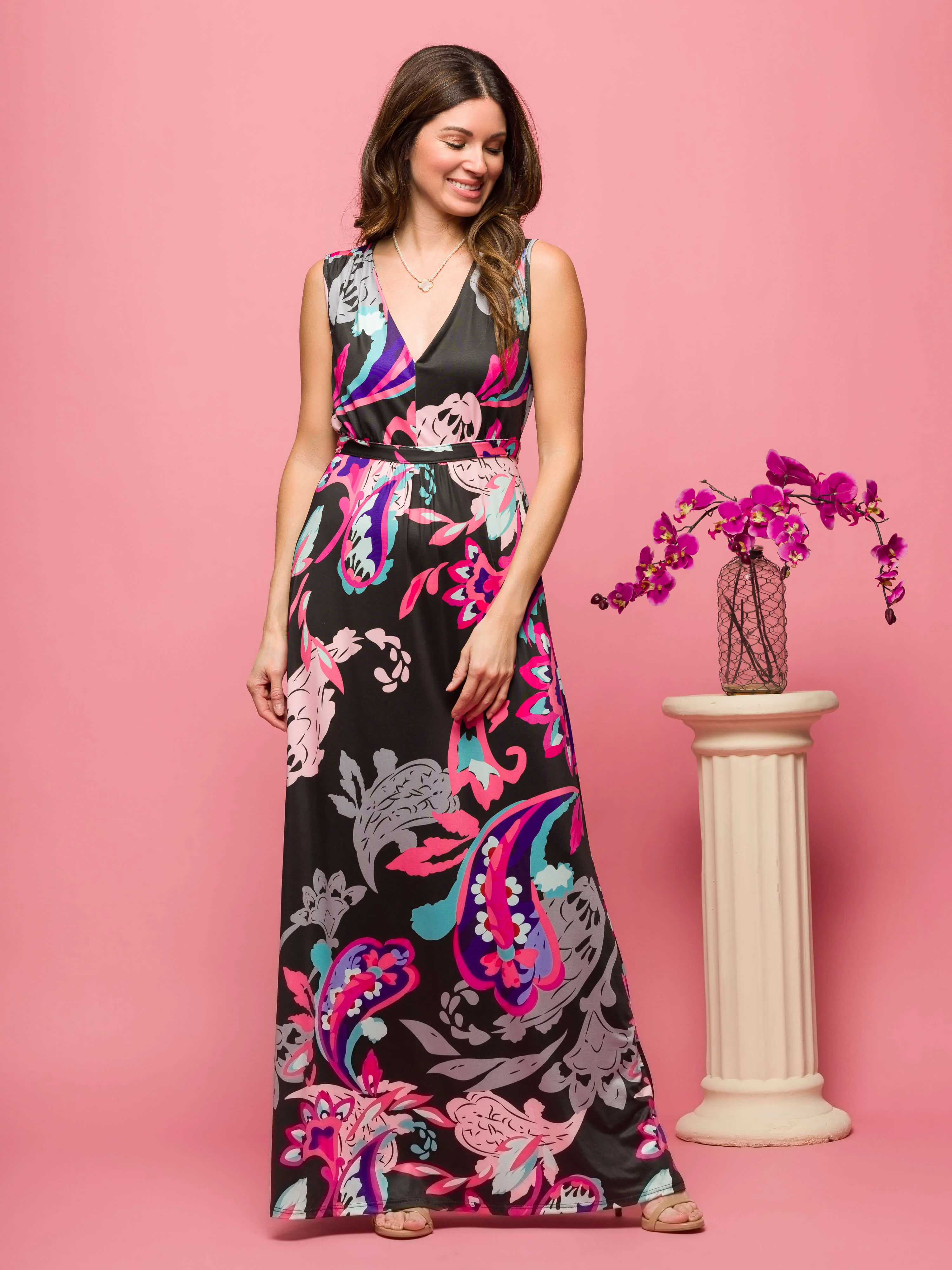 24seven Comfort Apparel Womens Black and Pink Print V Neck Empire Waist Sleeveless Maxi Dress sold by 24/7 Comfort Apparel product image thumbnail 2