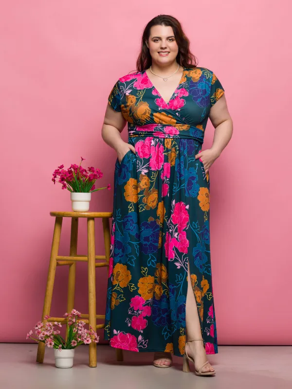 24seven Comfort Apparel Plus Size Floral Print Cap Sleeve V Neck Side Slit Pocket Maxi Dress sold by 24/7 Comfort Apparel