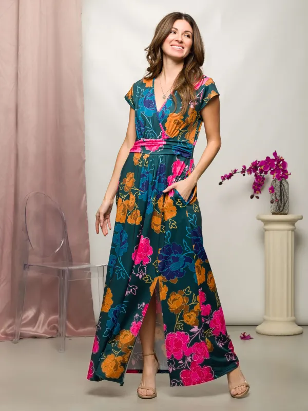 24seven Comfort Apparel Womens Floral Print Cap Sleeve V Neck Side Slit Pocket Maxi Dress sold by 24/7 Comfort Apparel