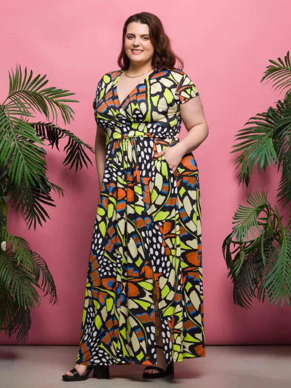 24seven Comfort Apparel Plus Size Butterfly Print Cap Sleeve V Neck Side Slit Pocket Maxi Dress sold by 24/7 Comfort Apparel