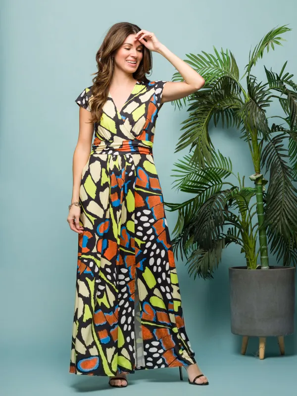 24seven Comfort Apparel Womens Butterfly Print Cap Sleeve V Neck Side Slit Pocket Maxi Dress sold by 24/7 Comfort Apparel