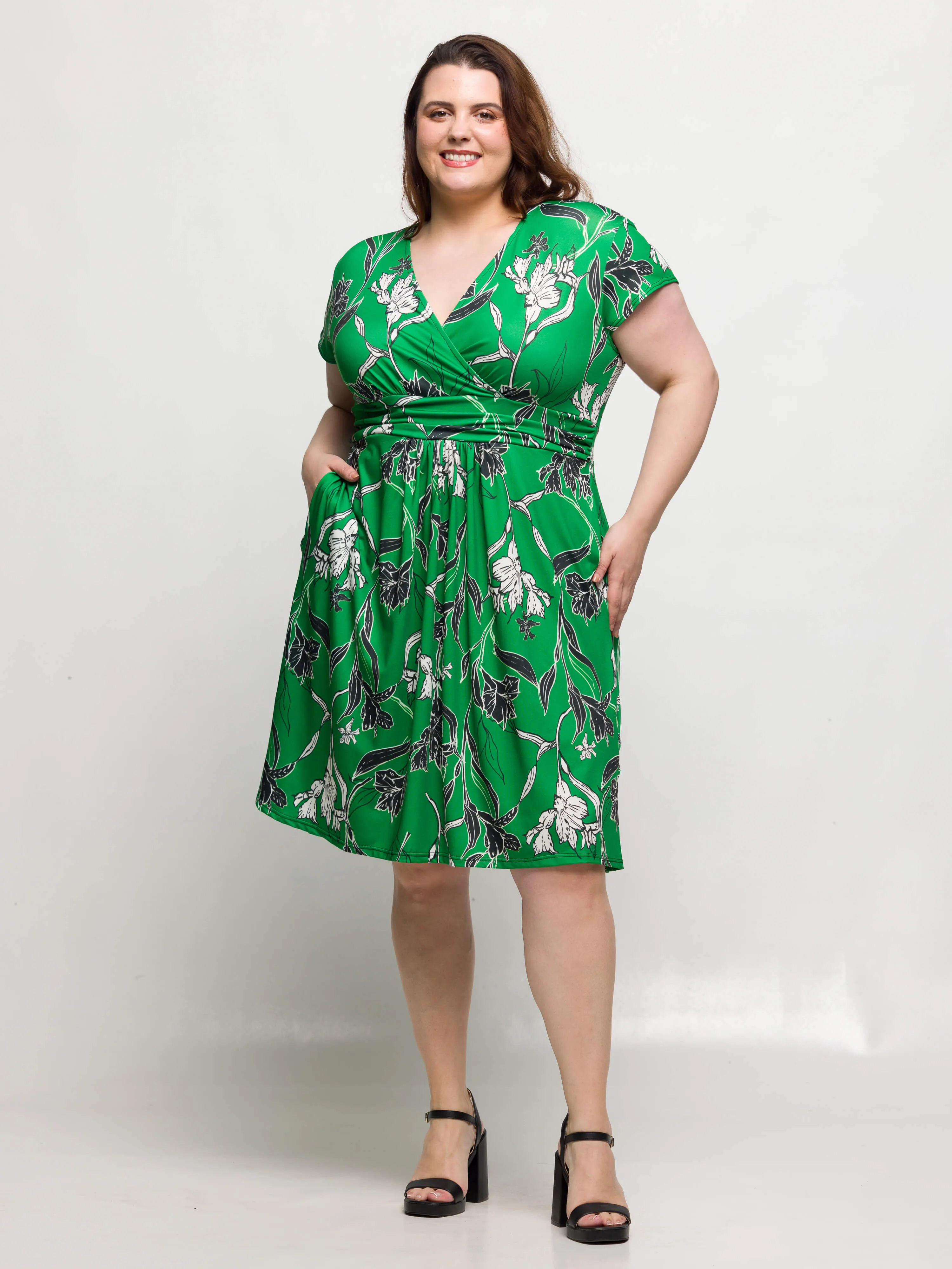 24seven Comfort Apparel Plus Size Cap Sleeve Green Floral V Neck Knee Length Pocket Dress sold by 24/7 Comfort Apparel product image thumbnail 4