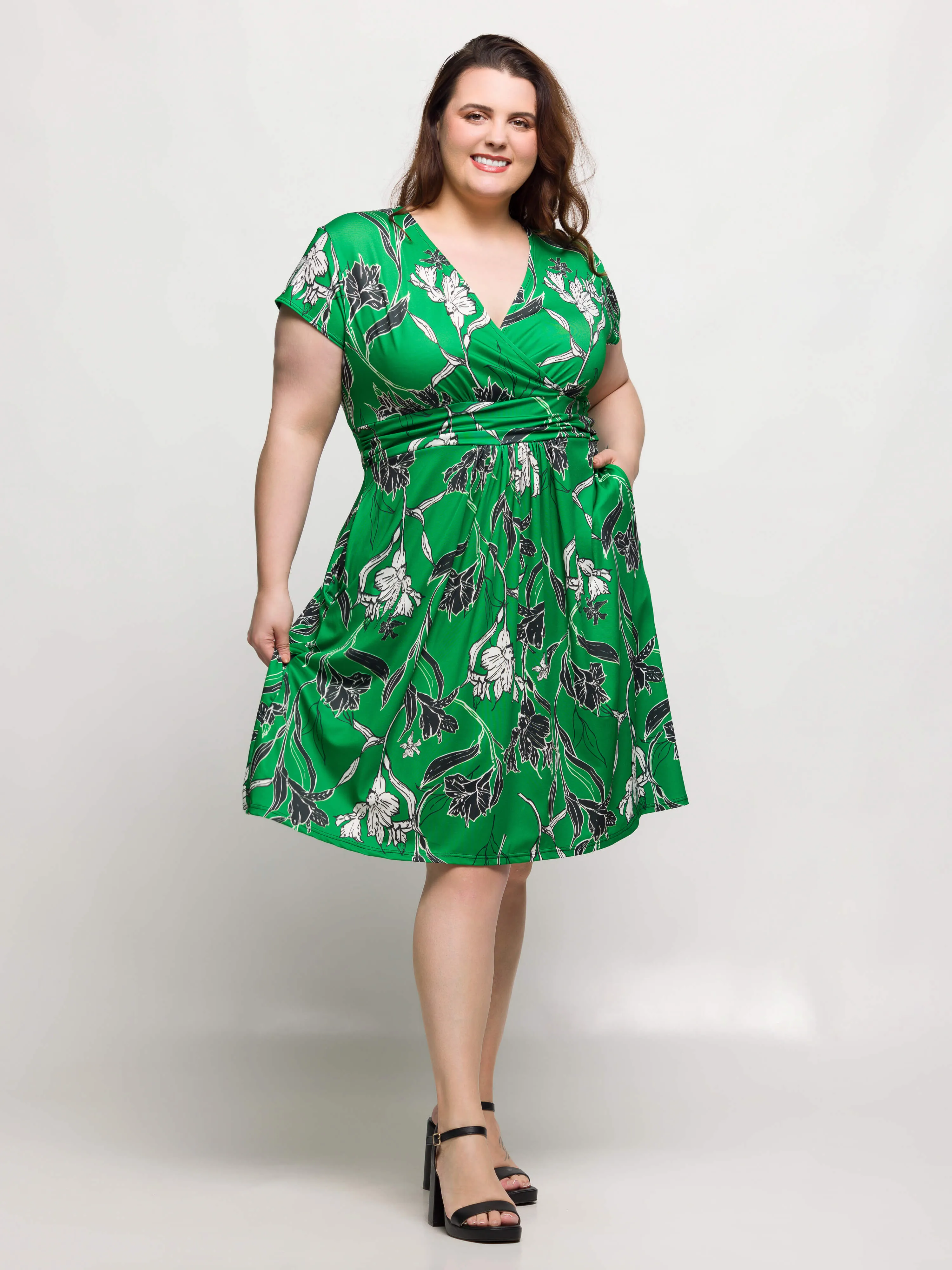 24seven Comfort Apparel Plus Size Cap Sleeve Green Floral V Neck Knee Length Pocket Dress sold by 24/7 Comfort Apparel product image thumbnail 3