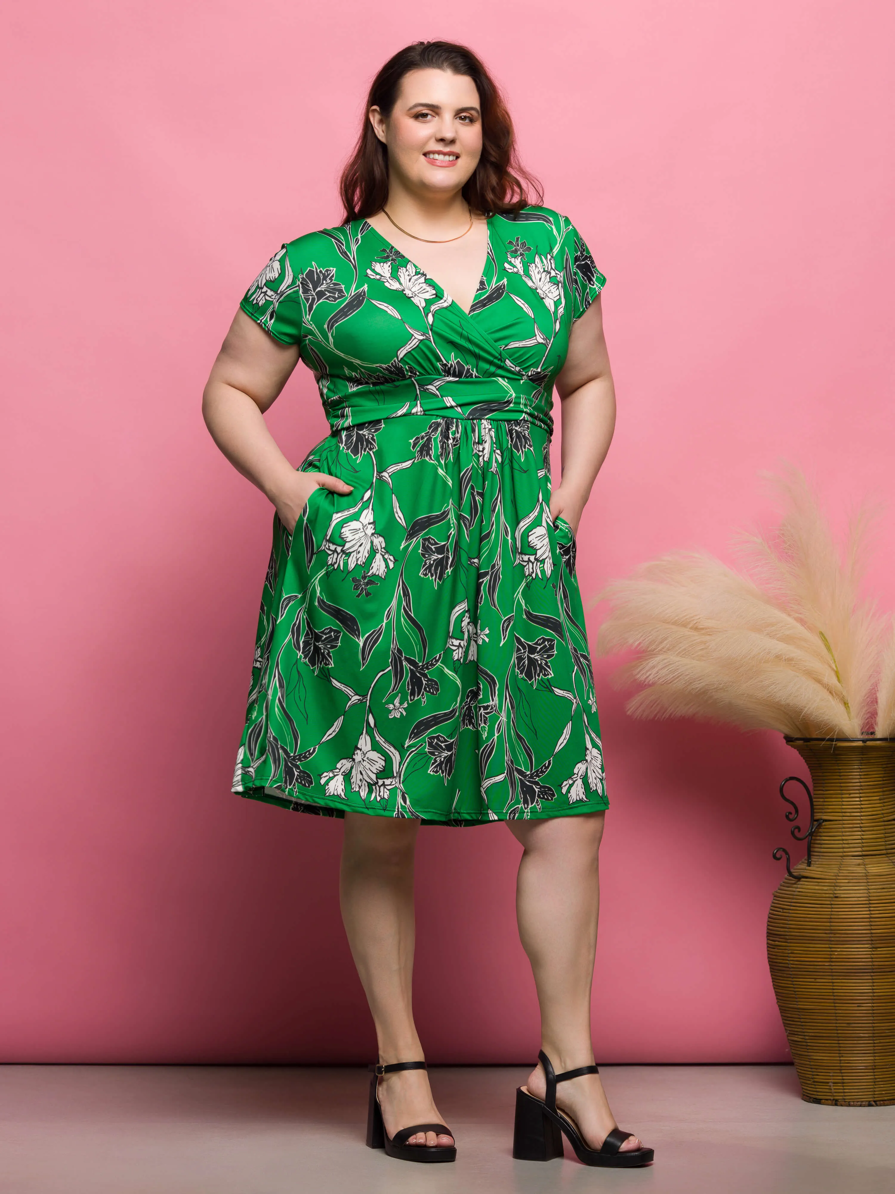 24seven Comfort Apparel Plus Size Cap Sleeve Green Floral V Neck Knee Length Pocket Dress sold by 24/7 Comfort Apparel product image thumbnail 2