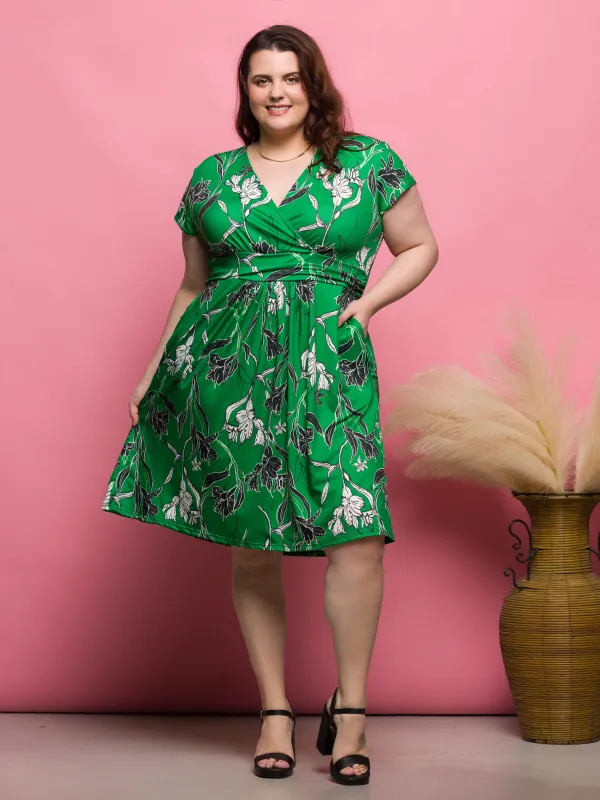 24seven Comfort Apparel Plus Size Cap Sleeve Green Floral V Neck Knee Length Pocket Dress sold by 24/7 Comfort Apparel