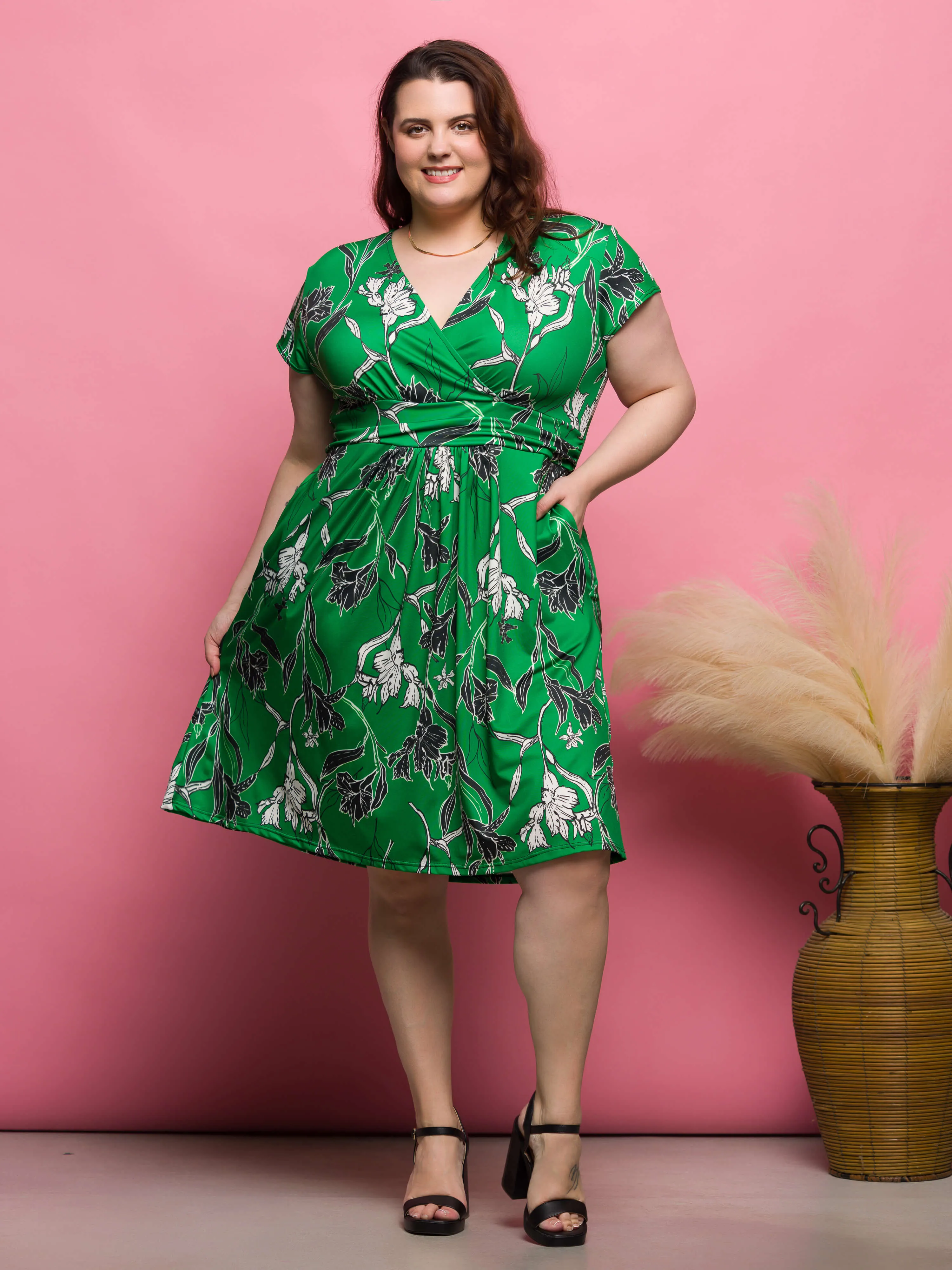 24seven Comfort Apparel Plus Size Cap Sleeve Green Floral V Neck Knee Length Pocket Dress sold by 24/7 Comfort Apparel