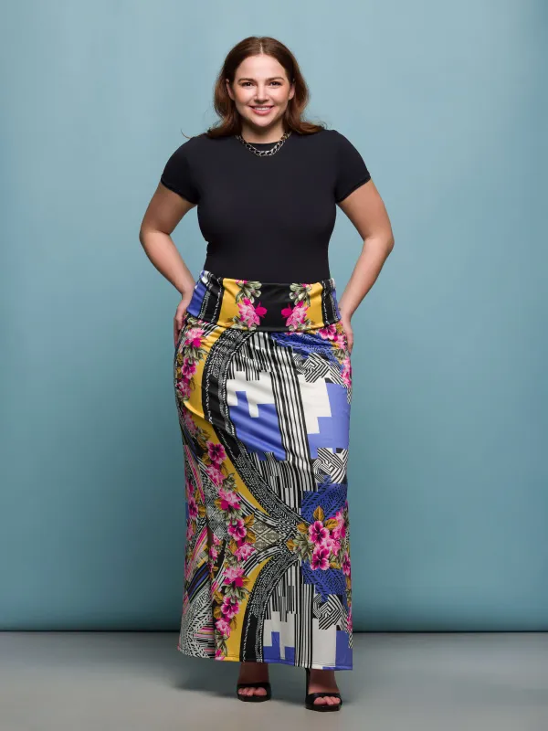 24seven Comfort Apparel Plus Size Multicolor Floral Print Foldover Waist Maxi Skirt sold by 24/7 Comfort Apparel