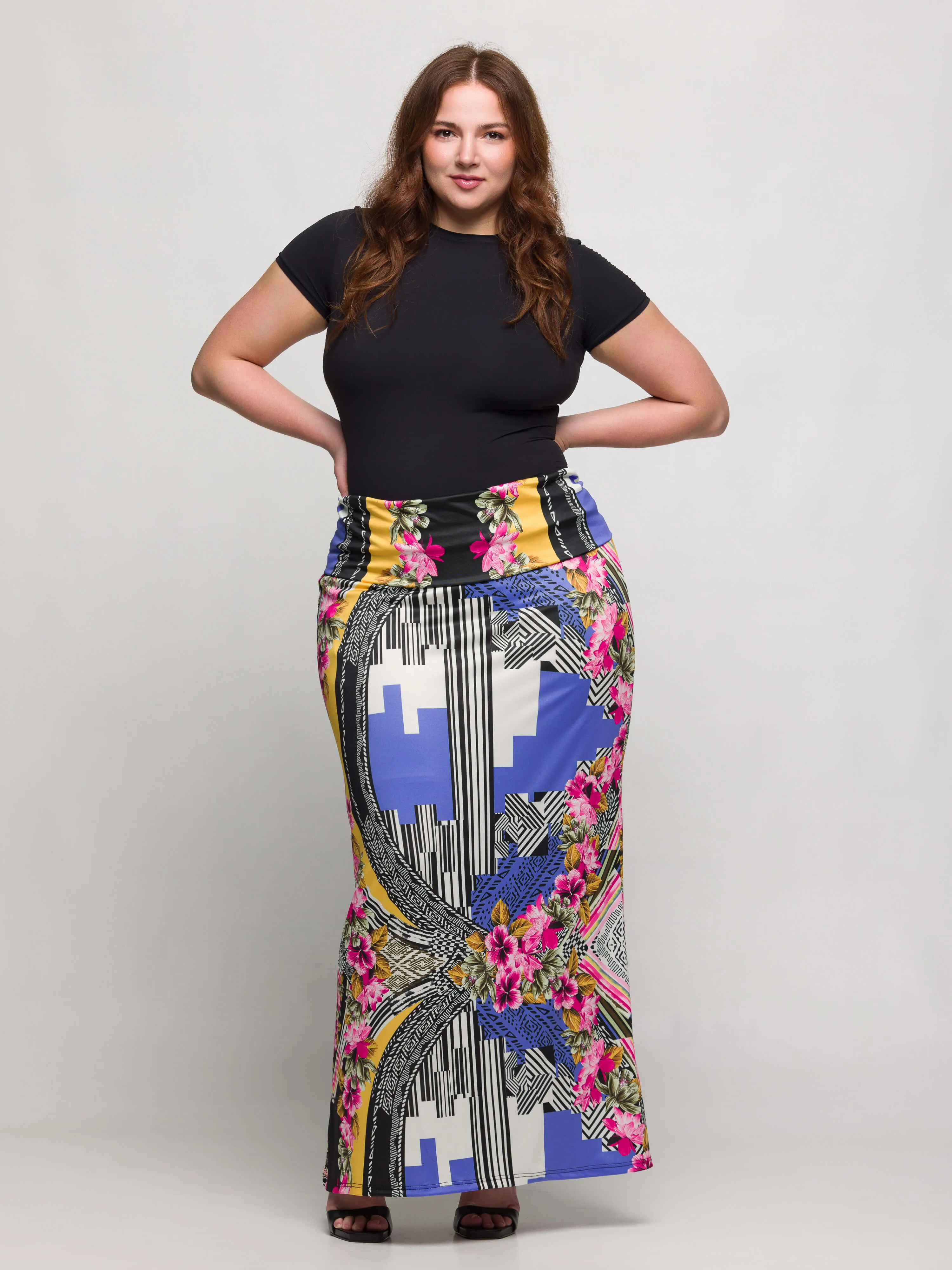 24seven Comfort Apparel Plus Size Multicolor Floral Print Foldover Waist Maxi Skirt sold by 24/7 Comfort Apparel product image thumbnail 3
