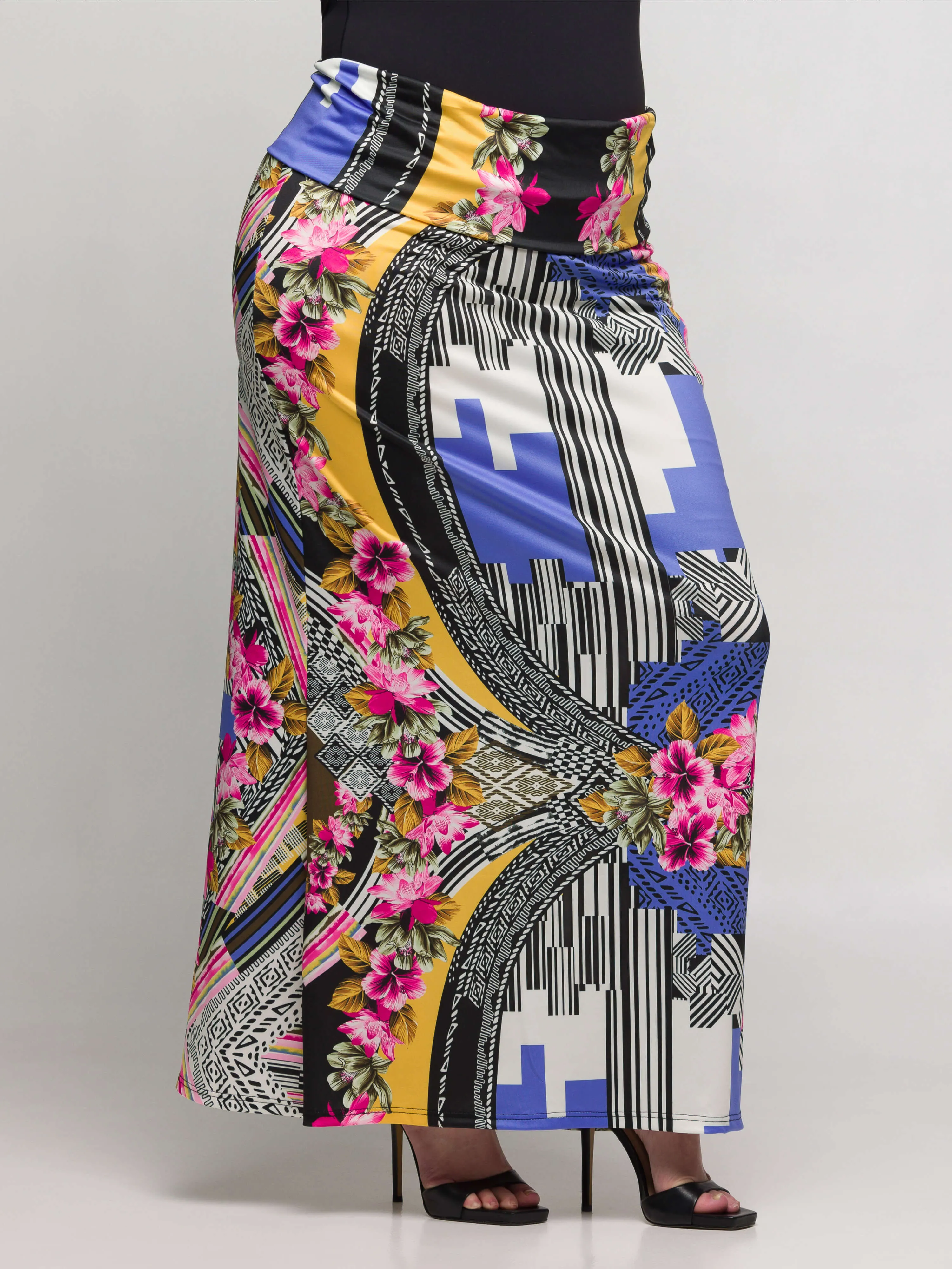 24seven Comfort Apparel Plus Size Multicolor Floral Print Foldover Waist Maxi Skirt sold by 24/7 Comfort Apparel product image thumbnail 4