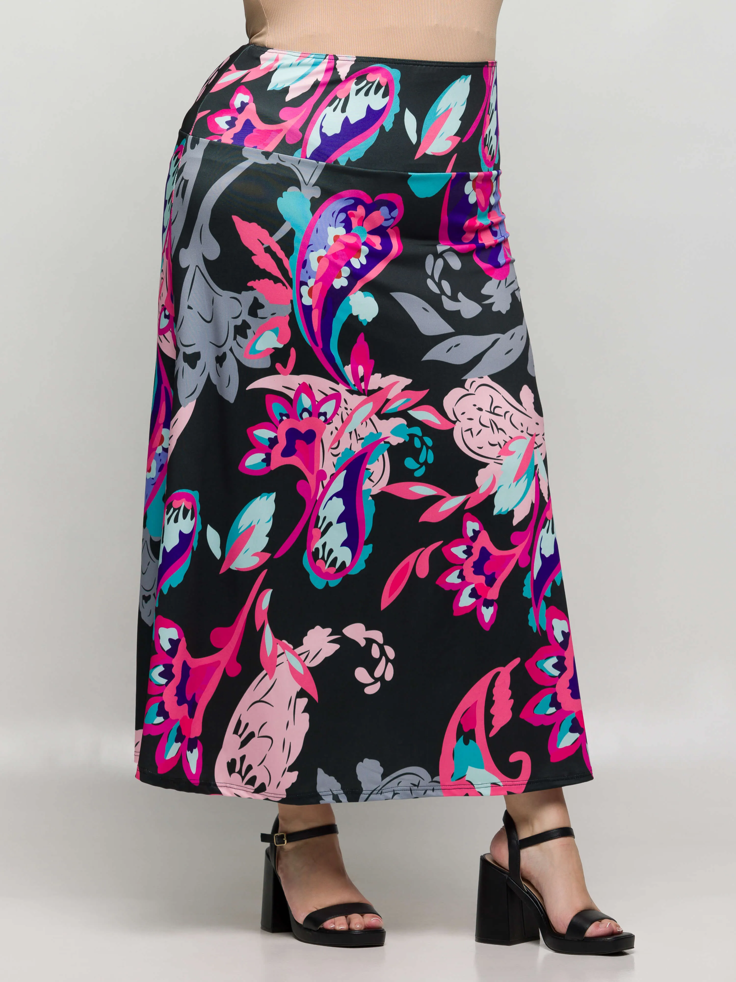 24seven Comfort Apparel Plus Size Black and Pink Paisley Elastic Waist A Line Maxi Skirt sold by 24/7 Comfort Apparel product image thumbnail 5