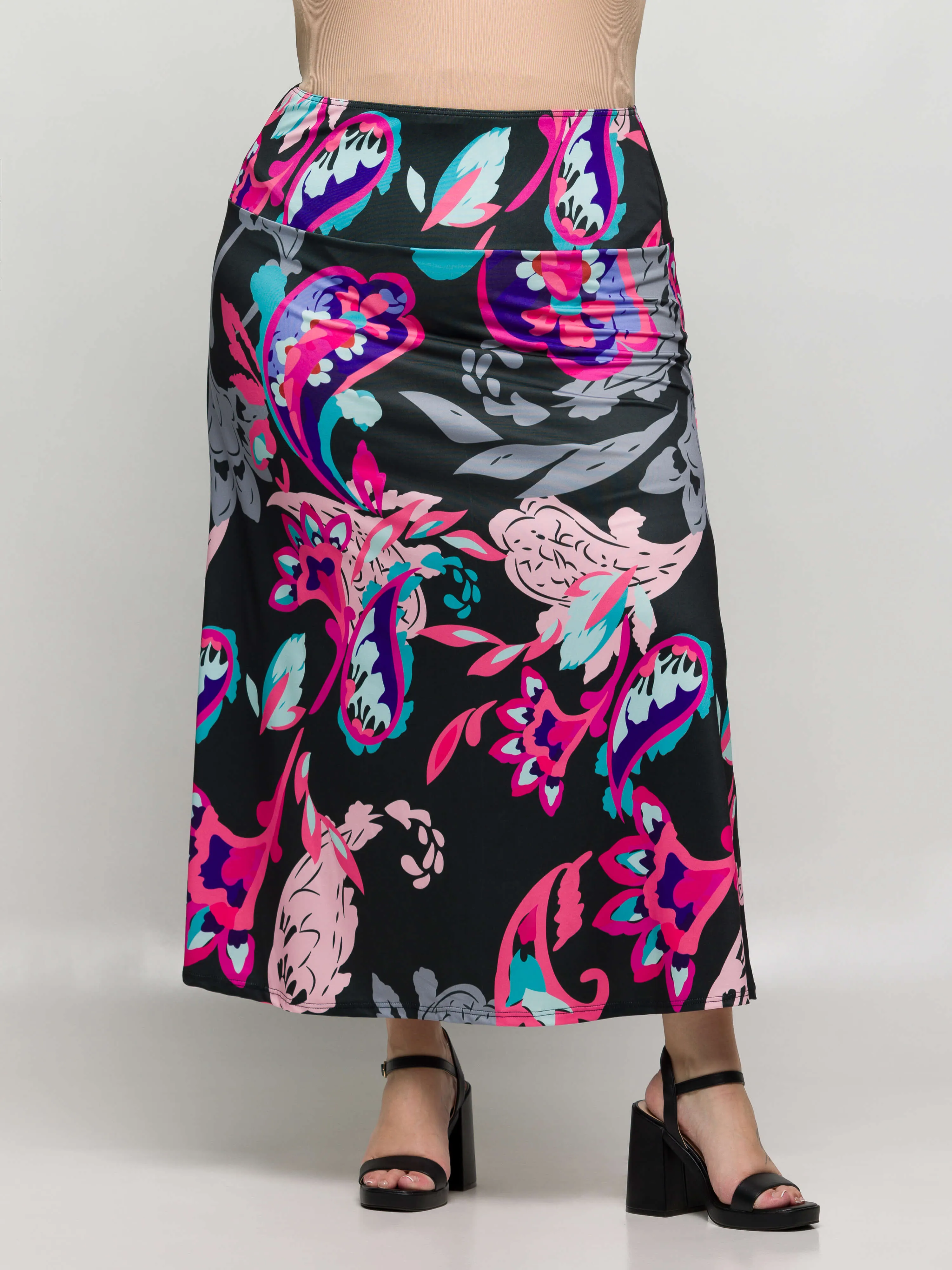 24seven Comfort Apparel Plus Size Black and Pink Paisley Elastic Waist A Line Maxi Skirt sold by 24/7 Comfort Apparel product image thumbnail 4