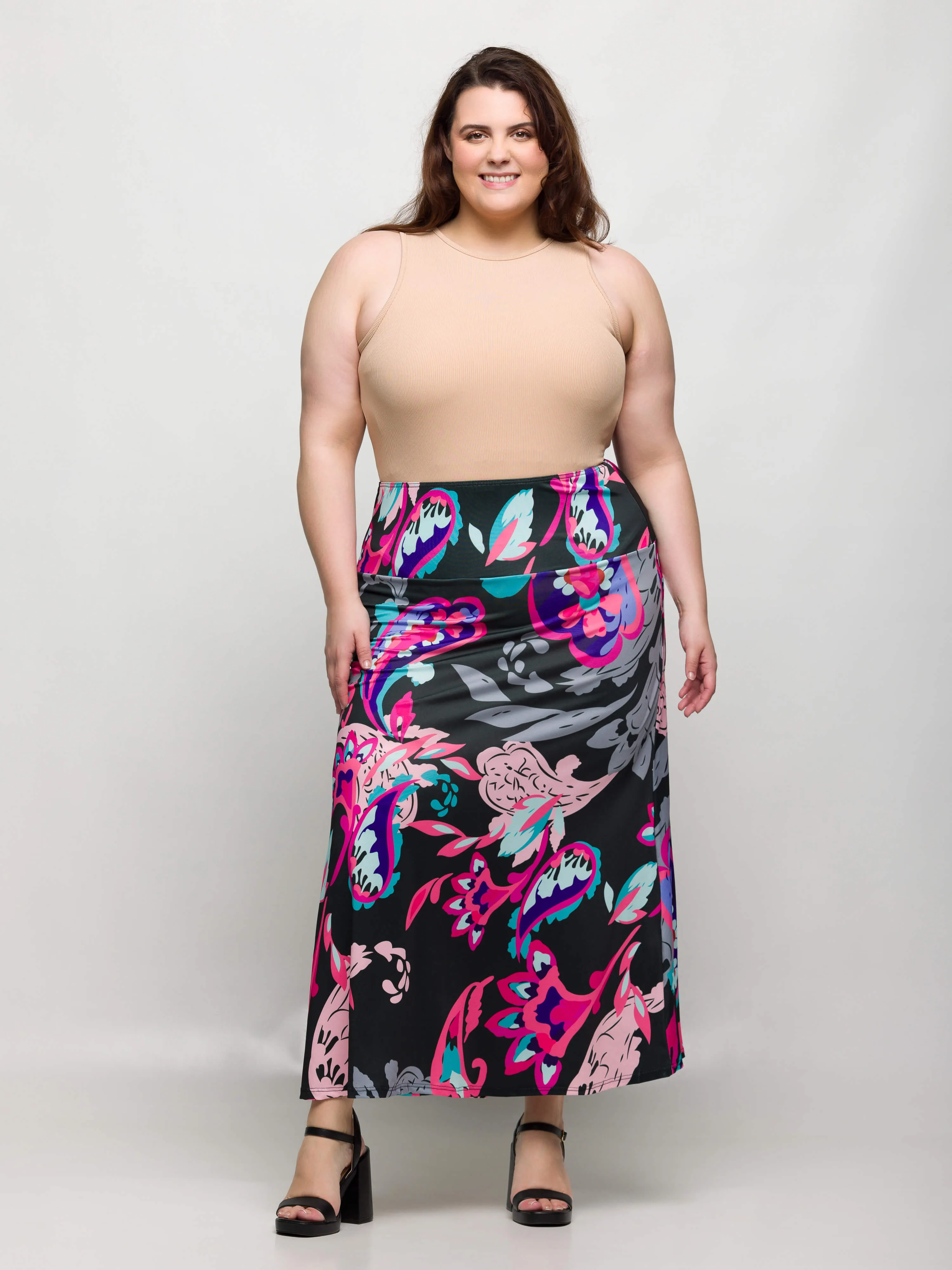 24seven Comfort Apparel Plus Size Black and Pink Paisley Elastic Waist A Line Maxi Skirt sold by 24/7 Comfort Apparel product image thumbnail 3