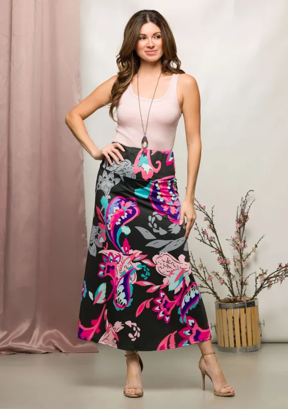 24seven Comfort Apparel Womens Black and Pink Paisley Elastic Waist A Line Maxi Skirt sold by 24/7 Comfort Apparel
