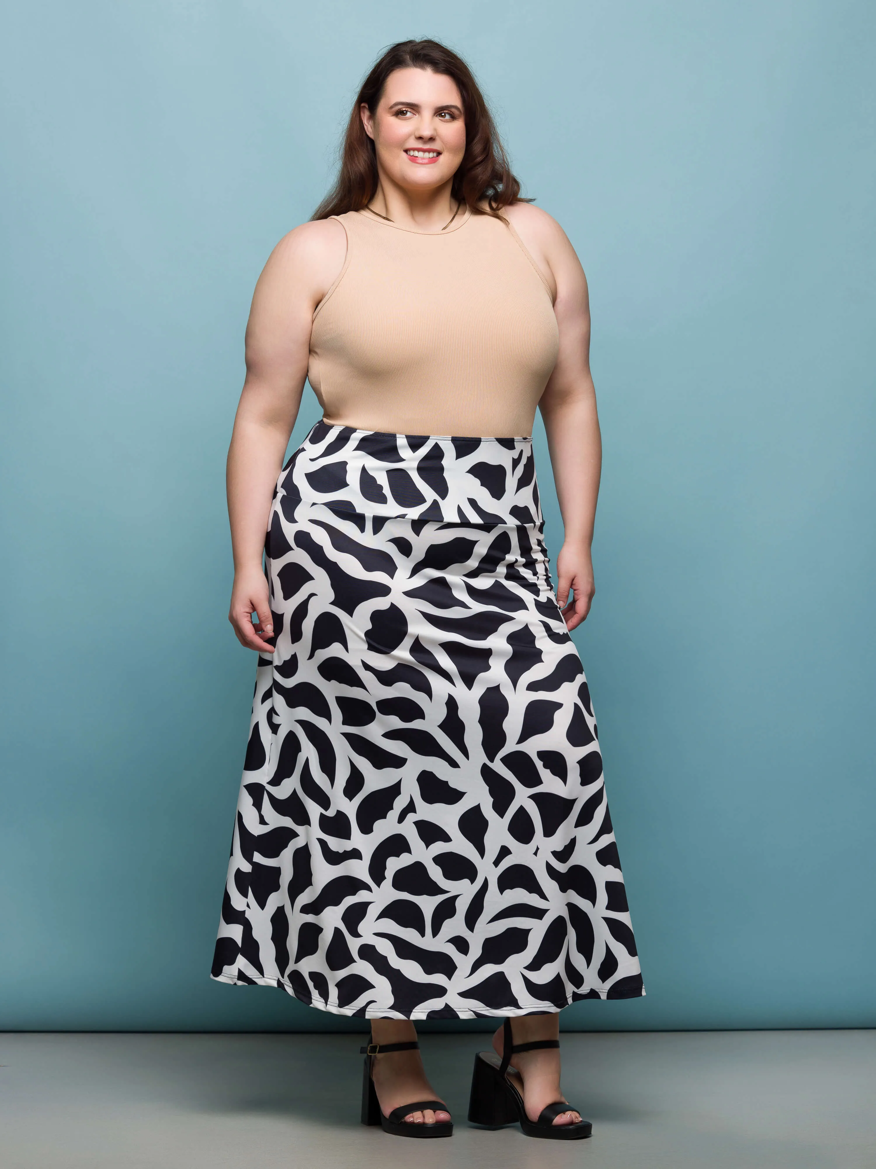 24seven Comfort Apparel Plus Size Black and White Print Elastic Waist A Line Maxi Skirt sold by 24/7 Comfort Apparel product image thumbnail 2