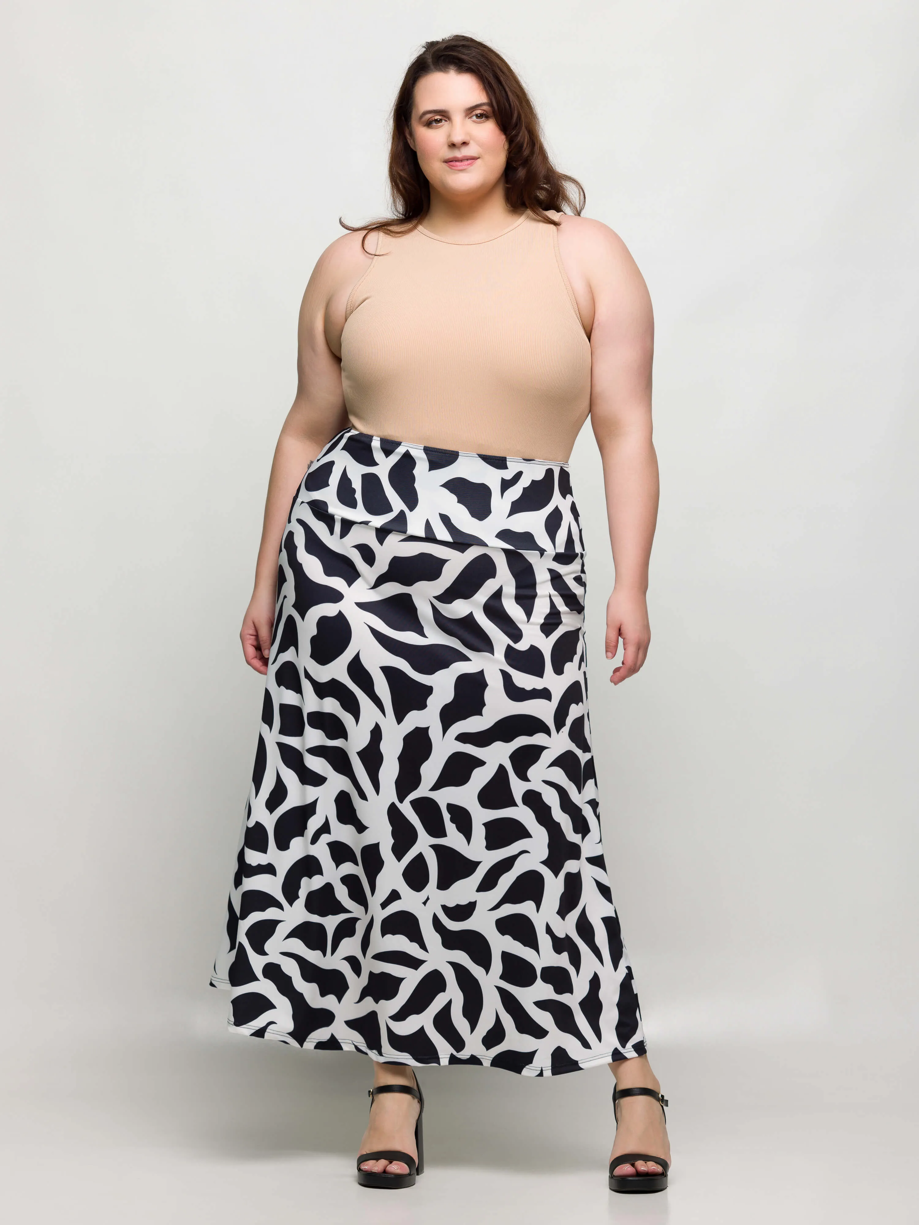 24seven Comfort Apparel Plus Size Black and White Print Elastic Waist A Line Maxi Skirt sold by 24/7 Comfort Apparel product image thumbnail 3