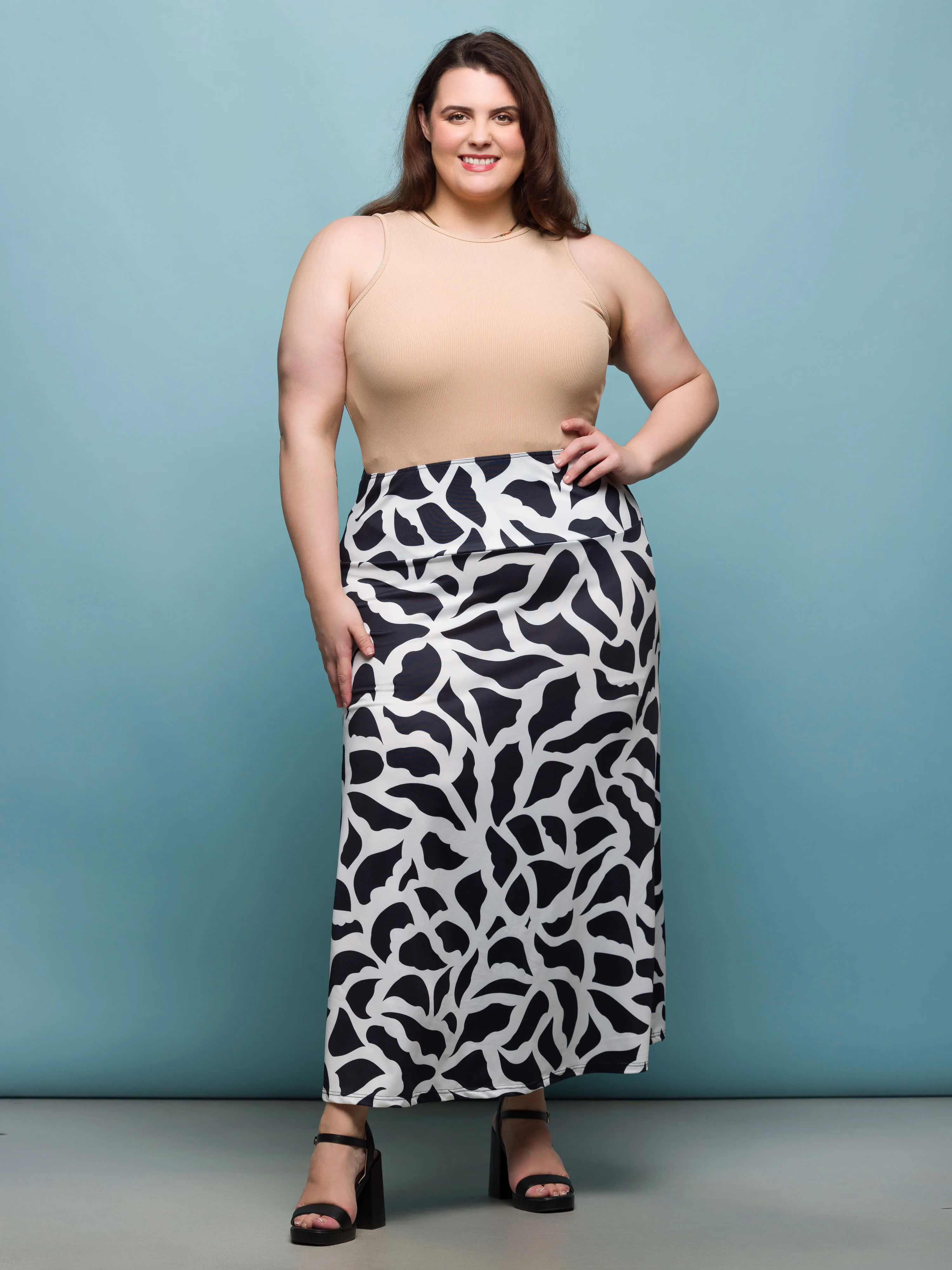 24seven Comfort Apparel Plus Size Black and White Print Elastic Waist A Line Maxi Skirt sold by 24/7 Comfort Apparel