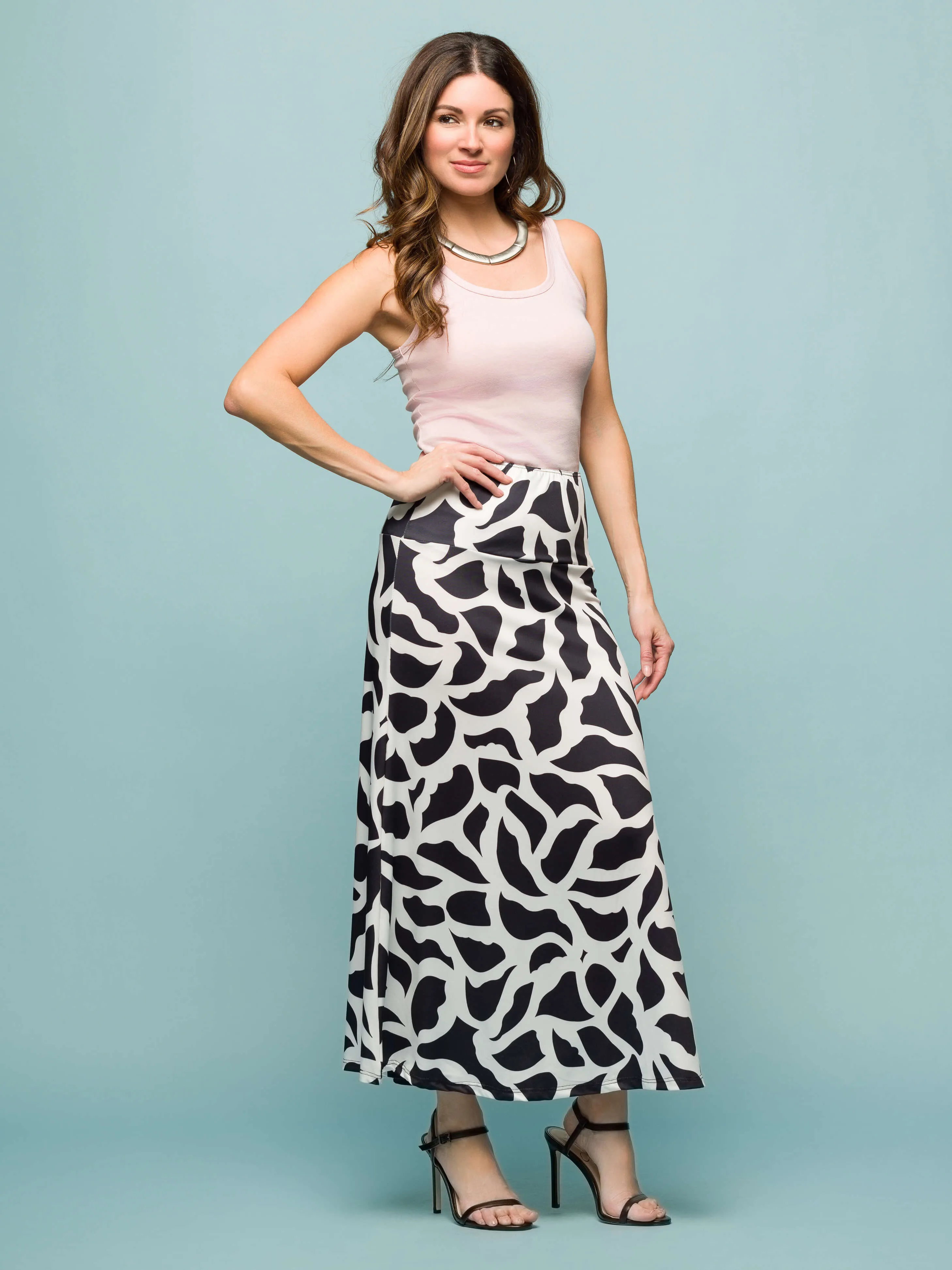 24seven Comfort Apparel Womens Black and White Print Elastic Waist A Line Maxi Skirt sold by 24/7 Comfort Apparel