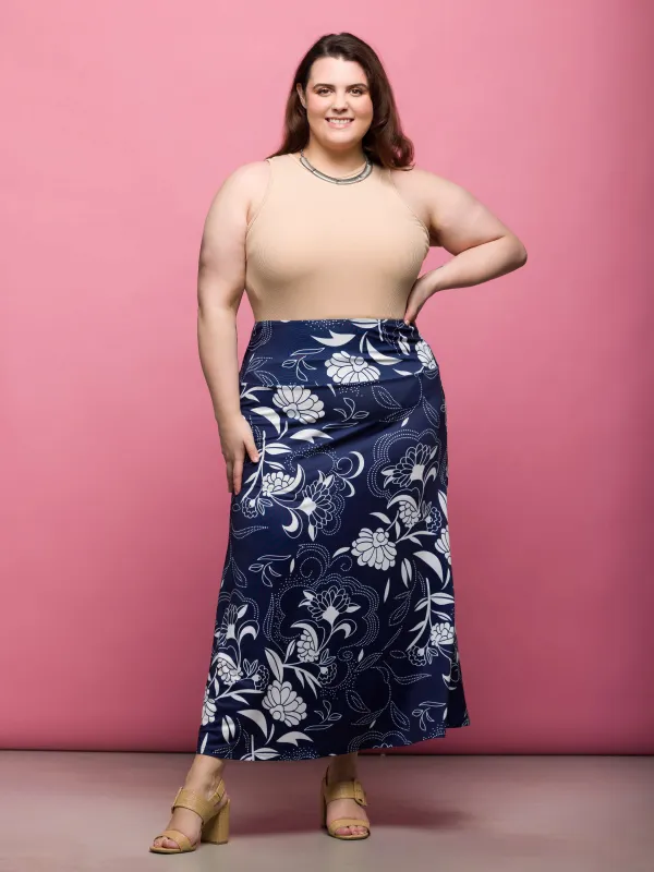 24seven Comfort Apparel Plus Size Navy Floral Print Elastic Waist A Line Maxi Skirt sold by 24/7 Comfort Apparel