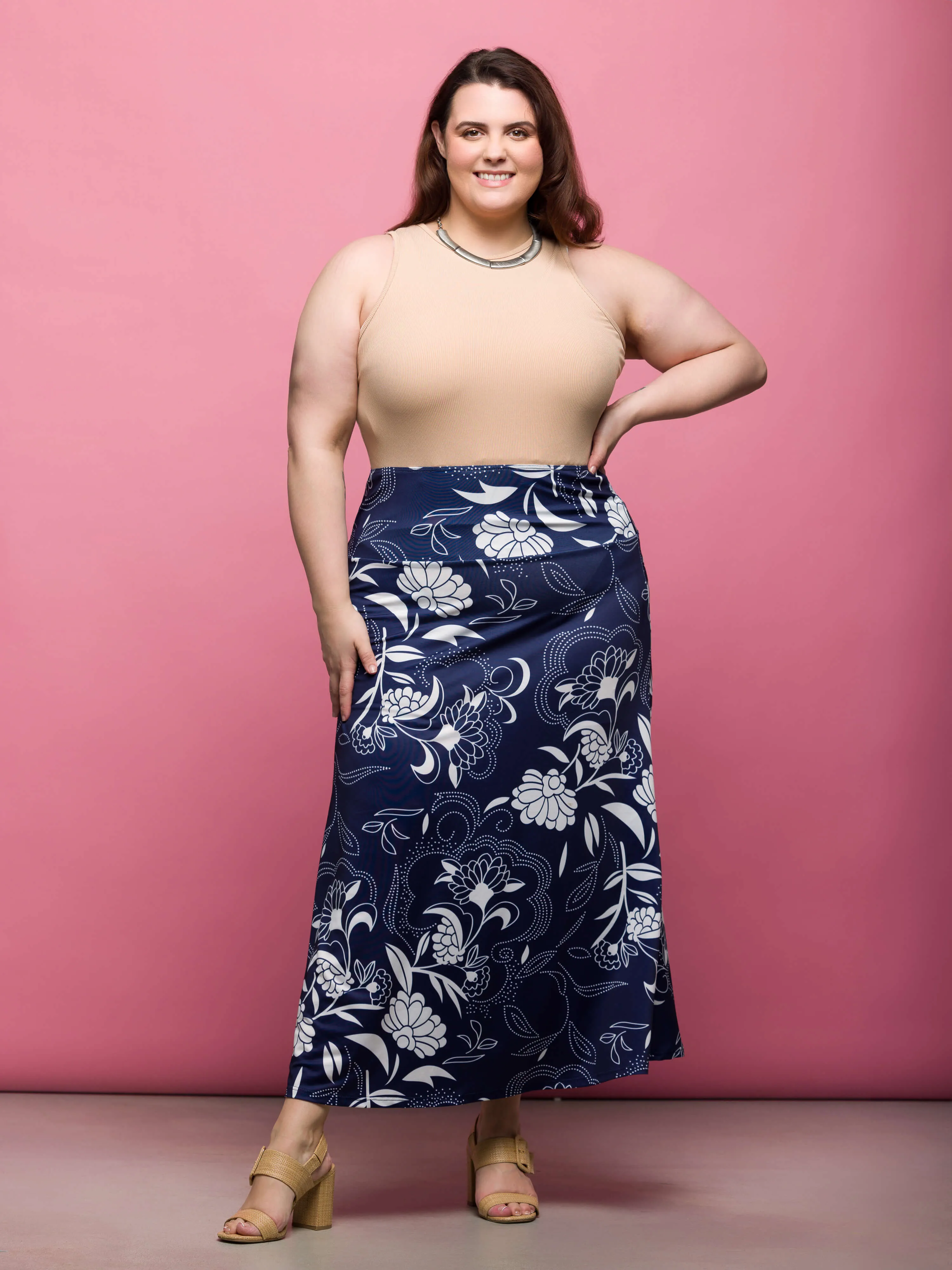 24seven Comfort Apparel Plus Size Navy Floral Print Elastic Waist A Line Maxi Skirt sold by 24/7 Comfort Apparel