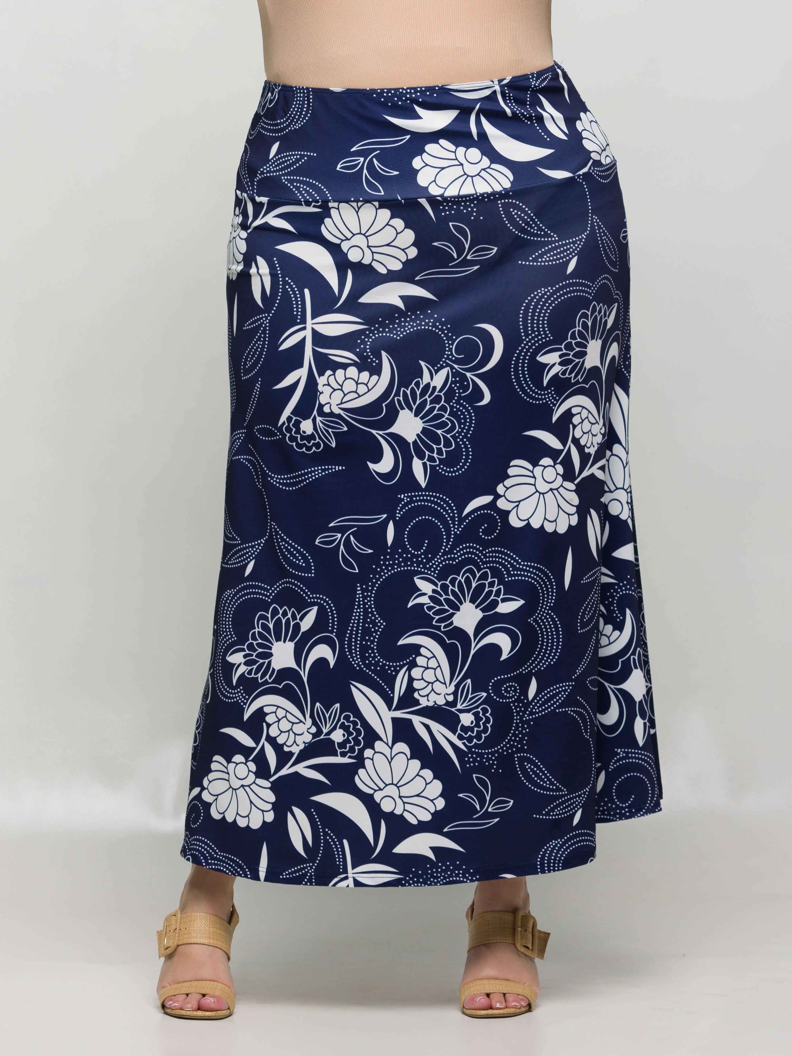 24seven Comfort Apparel Plus Size Navy Floral Print Elastic Waist A Line Maxi Skirt sold by 24/7 Comfort Apparel product image thumbnail 5