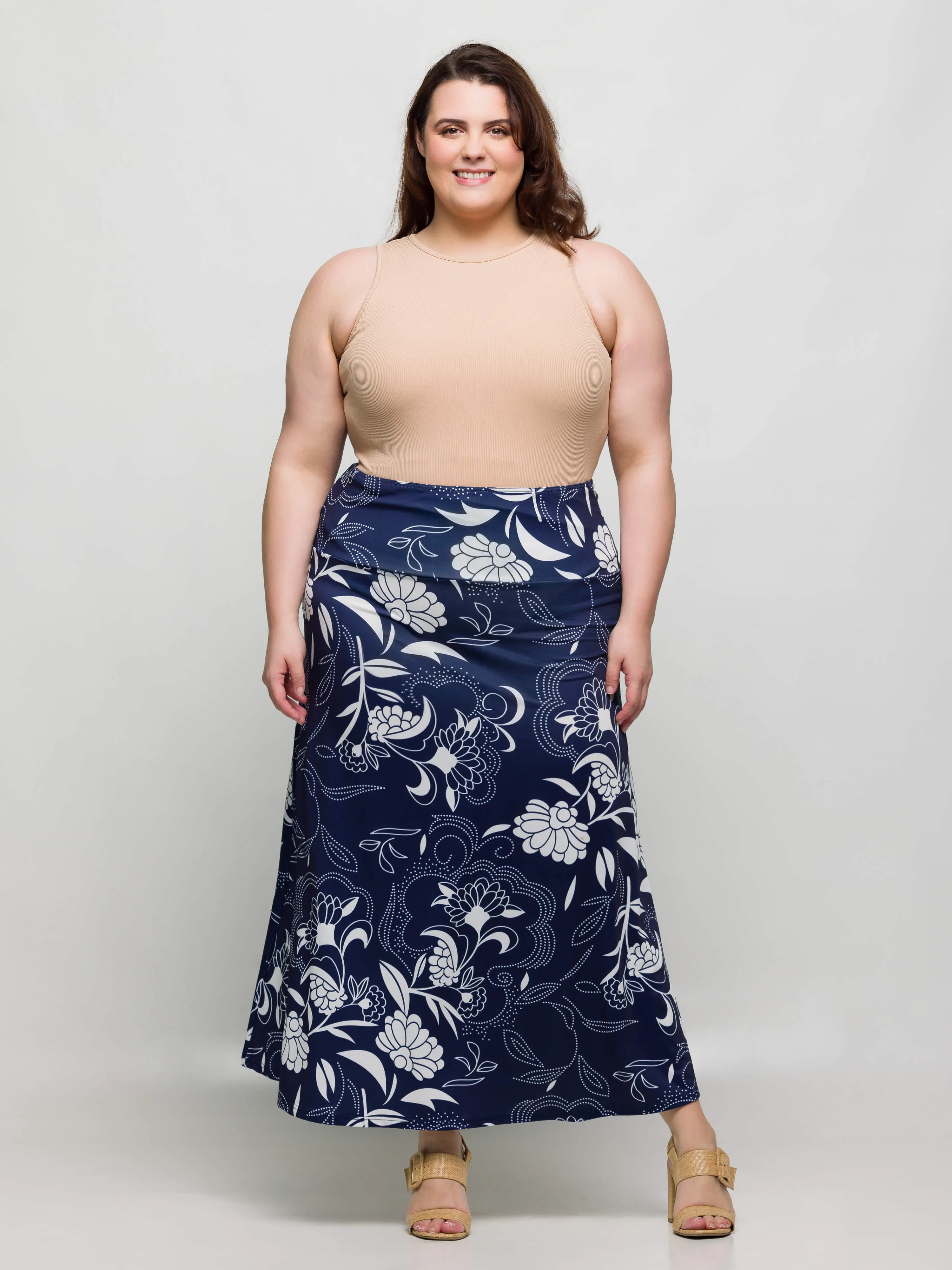 24seven Comfort Apparel Plus Size Navy Floral Print Elastic Waist A Line Maxi Skirt sold by 24/7 Comfort Apparel product image thumbnail 3