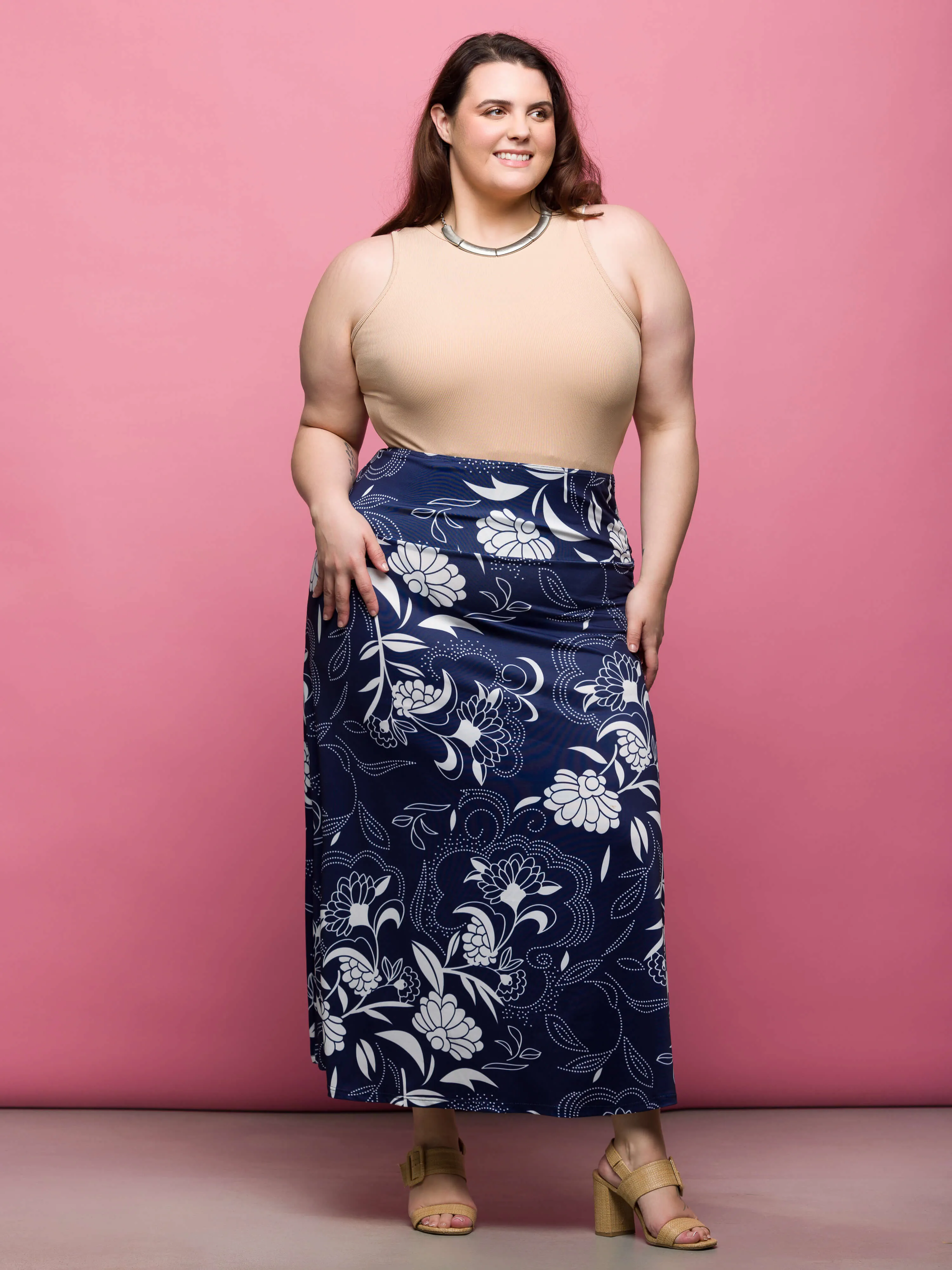 24seven Comfort Apparel Plus Size Navy Floral Print Elastic Waist A Line Maxi Skirt sold by 24/7 Comfort Apparel product image thumbnail 2
