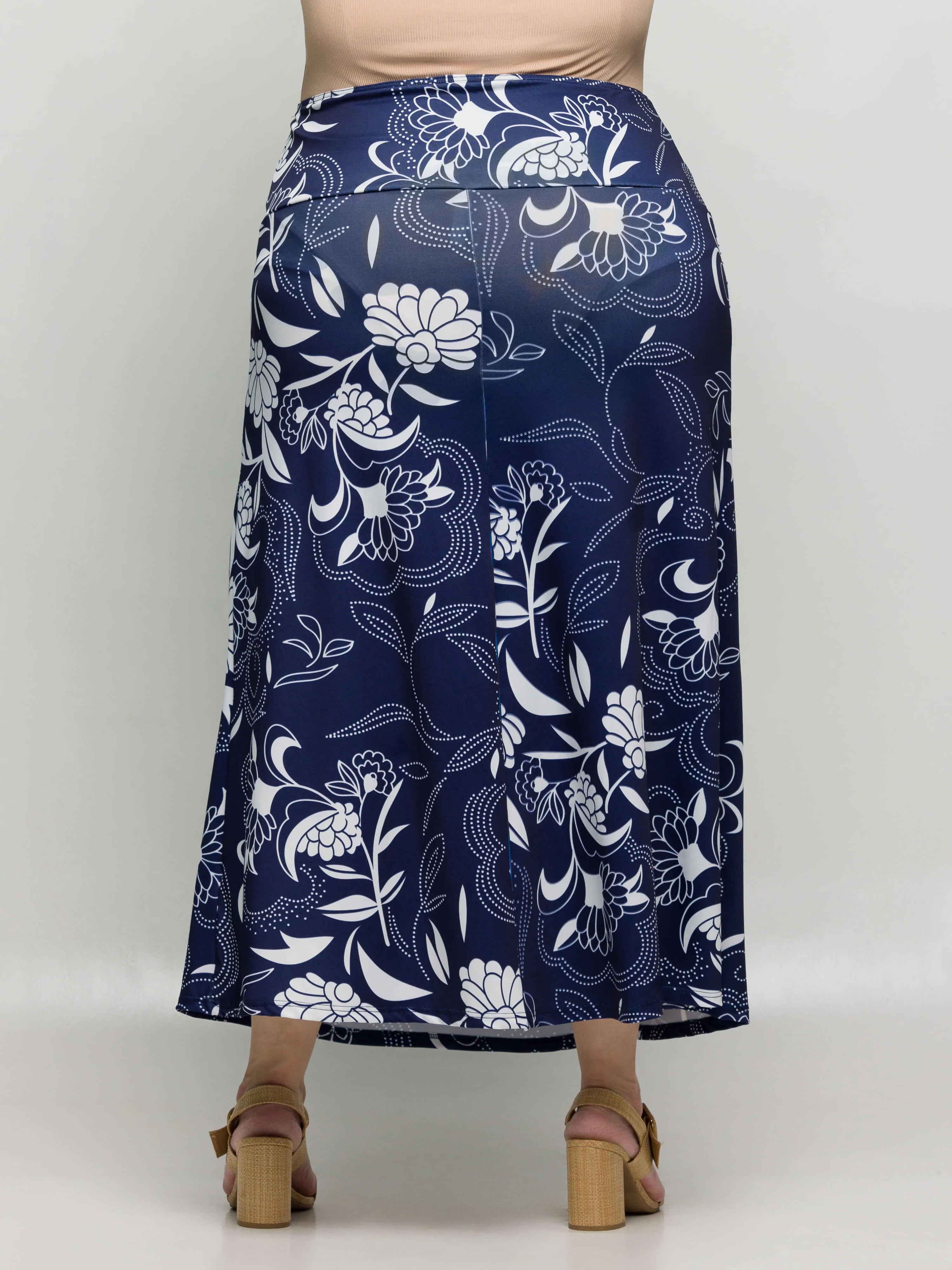 24seven Comfort Apparel Plus Size Navy Floral Print Elastic Waist A Line Maxi Skirt sold by 24/7 Comfort Apparel product image thumbnail 4