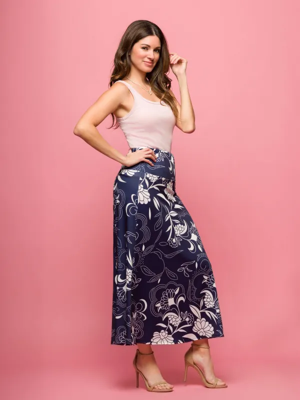 24seven Comfort Apparel Womens Navy Floral Print Elastic Waist A Line Maxi Skirt sold by 24/7 Comfort Apparel