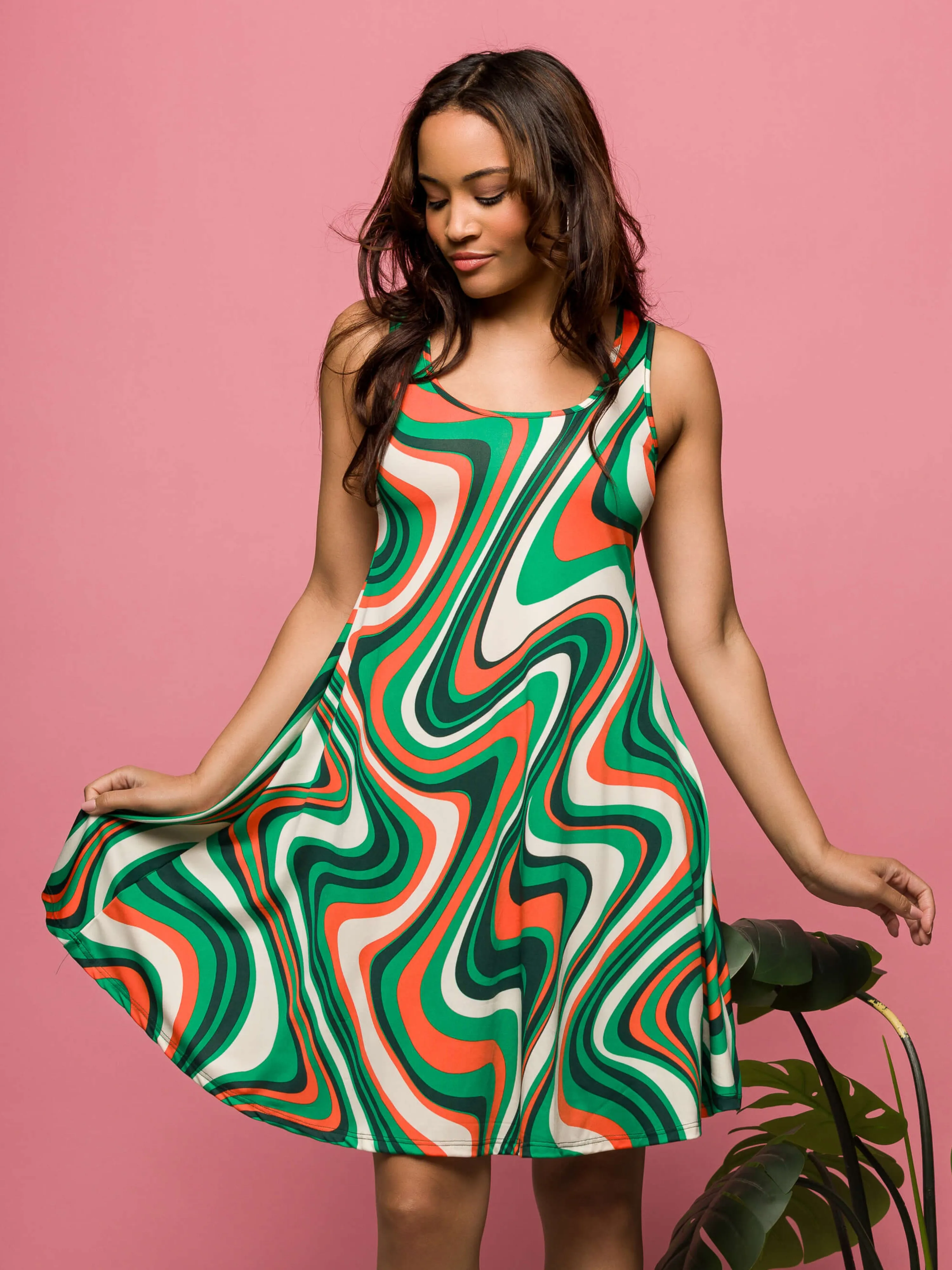 24seven Comfort Apparel Womens Green Print Sleeveless Knee Length Tank Swing Dress sold by 24/7 Comfort Apparel product image thumbnail 2