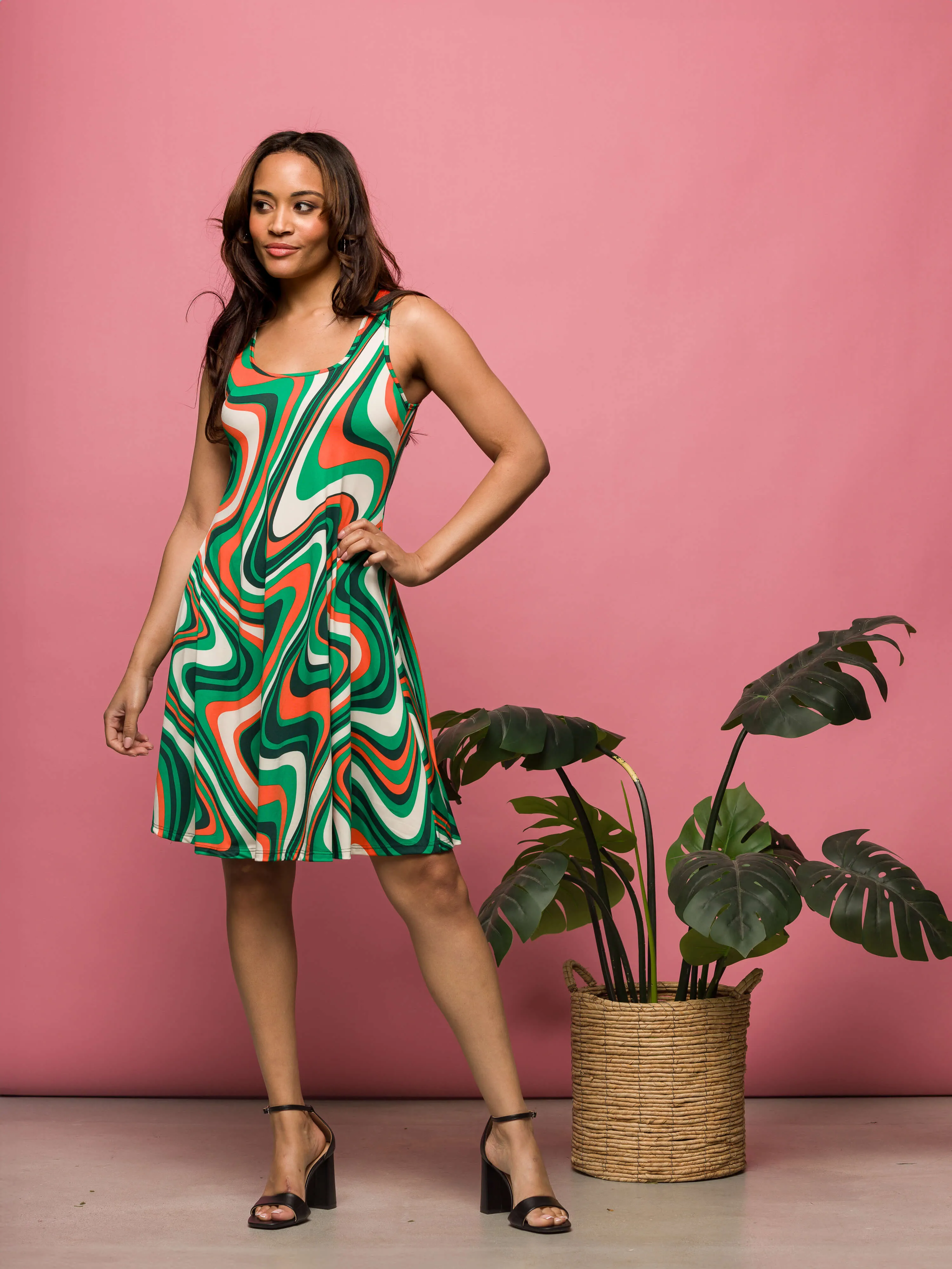 24seven Comfort Apparel Womens Green Print Sleeveless Knee Length Tank Swing Dress sold by 24/7 Comfort Apparel