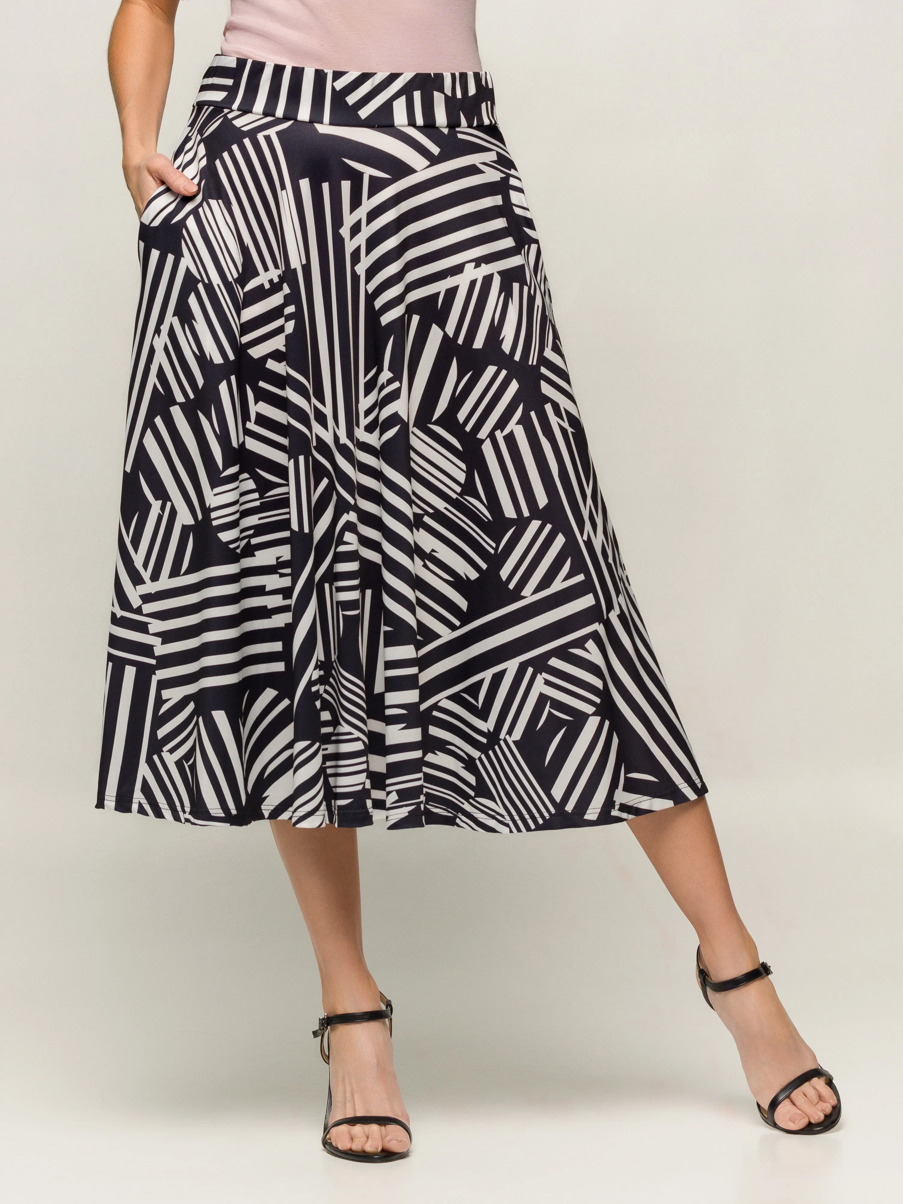 24seven Comfort Apparel Womens Black Geometric Print Elastic Waist Pocket Midi Skirt sold by 24/7 Comfort Apparel product image thumbnail 5