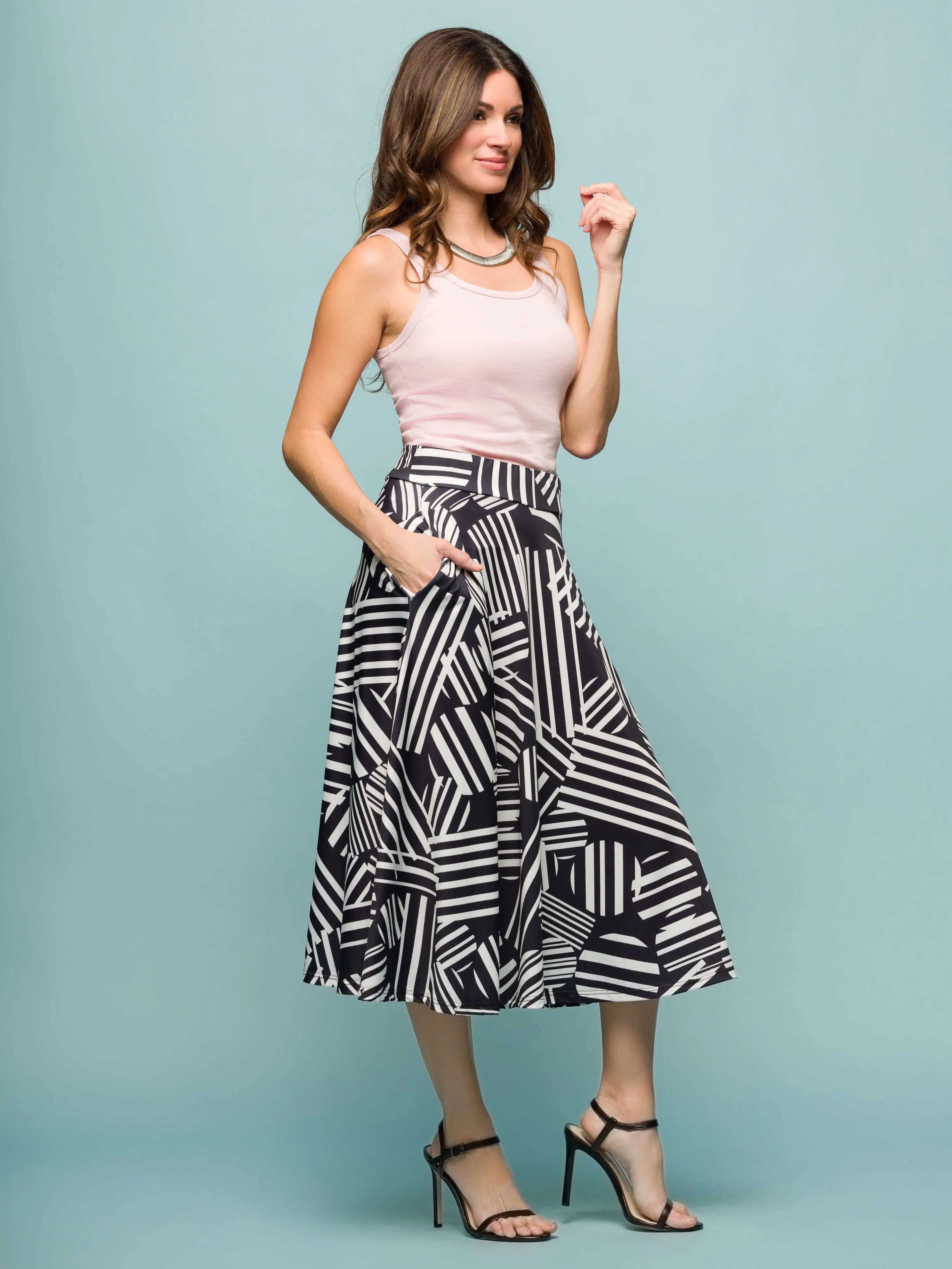 24seven Comfort Apparel Womens Black Geometric Print Elastic Waist Pocket Midi Skirt sold by 24/7 Comfort Apparel product image thumbnail 2