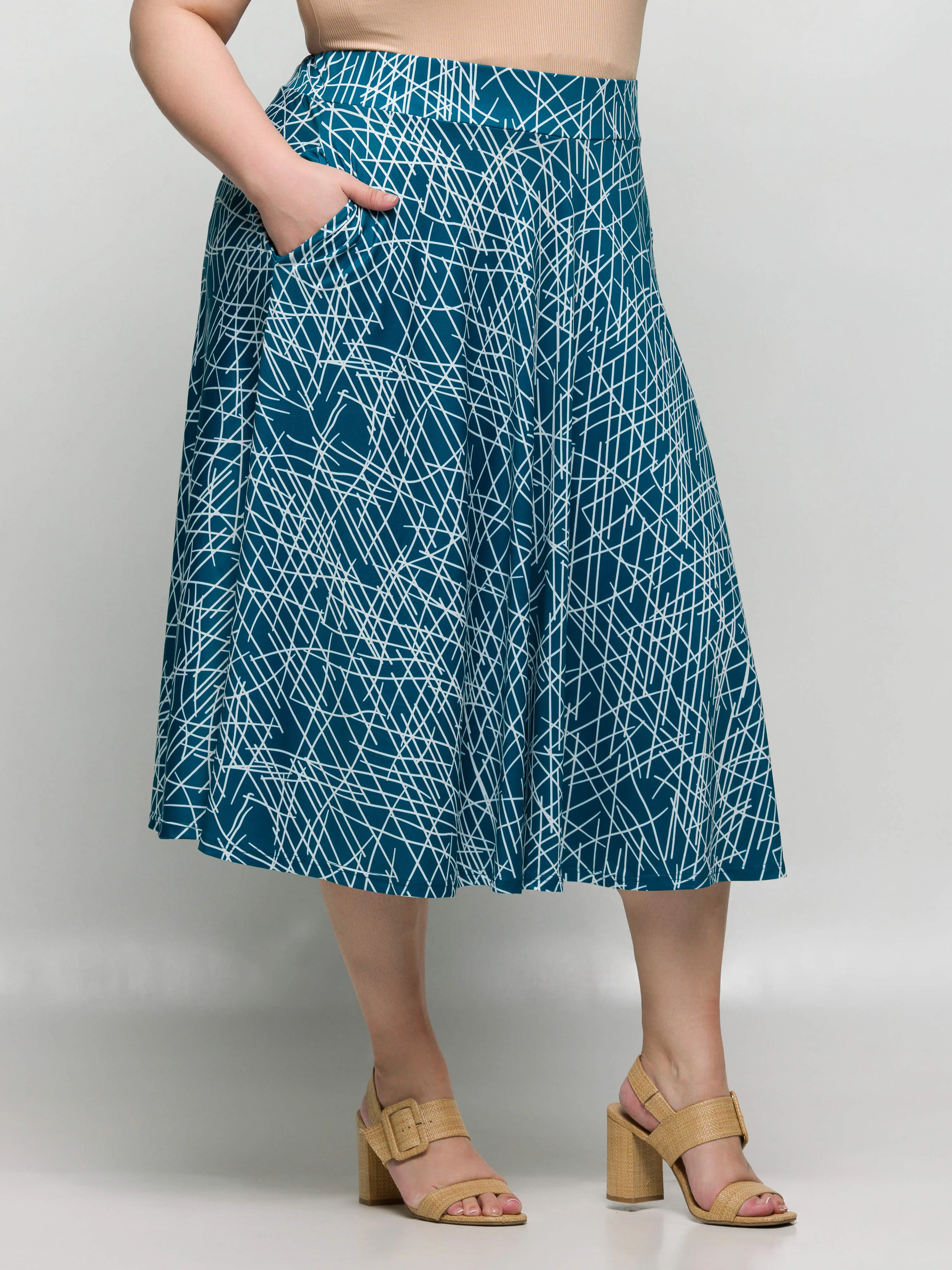 24seven Comfort Apparel Plus Size Teal Geometric Print Elastic Waist Pocket Midi Skirt sold by 24/7 Comfort Apparel product image thumbnail 5