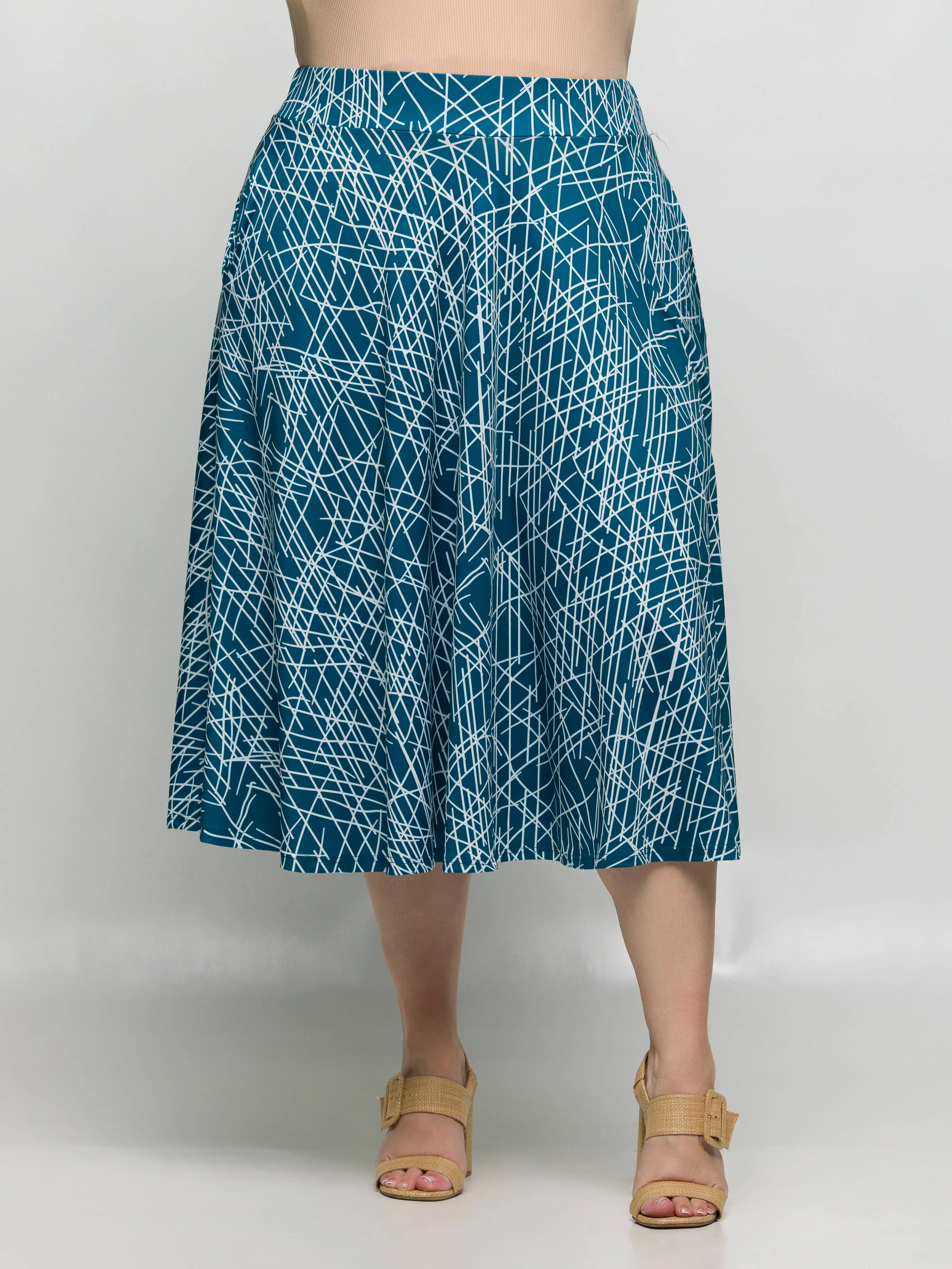 24seven Comfort Apparel Plus Size Teal Geometric Print Elastic Waist Pocket Midi Skirt sold by 24/7 Comfort Apparel product image thumbnail 4