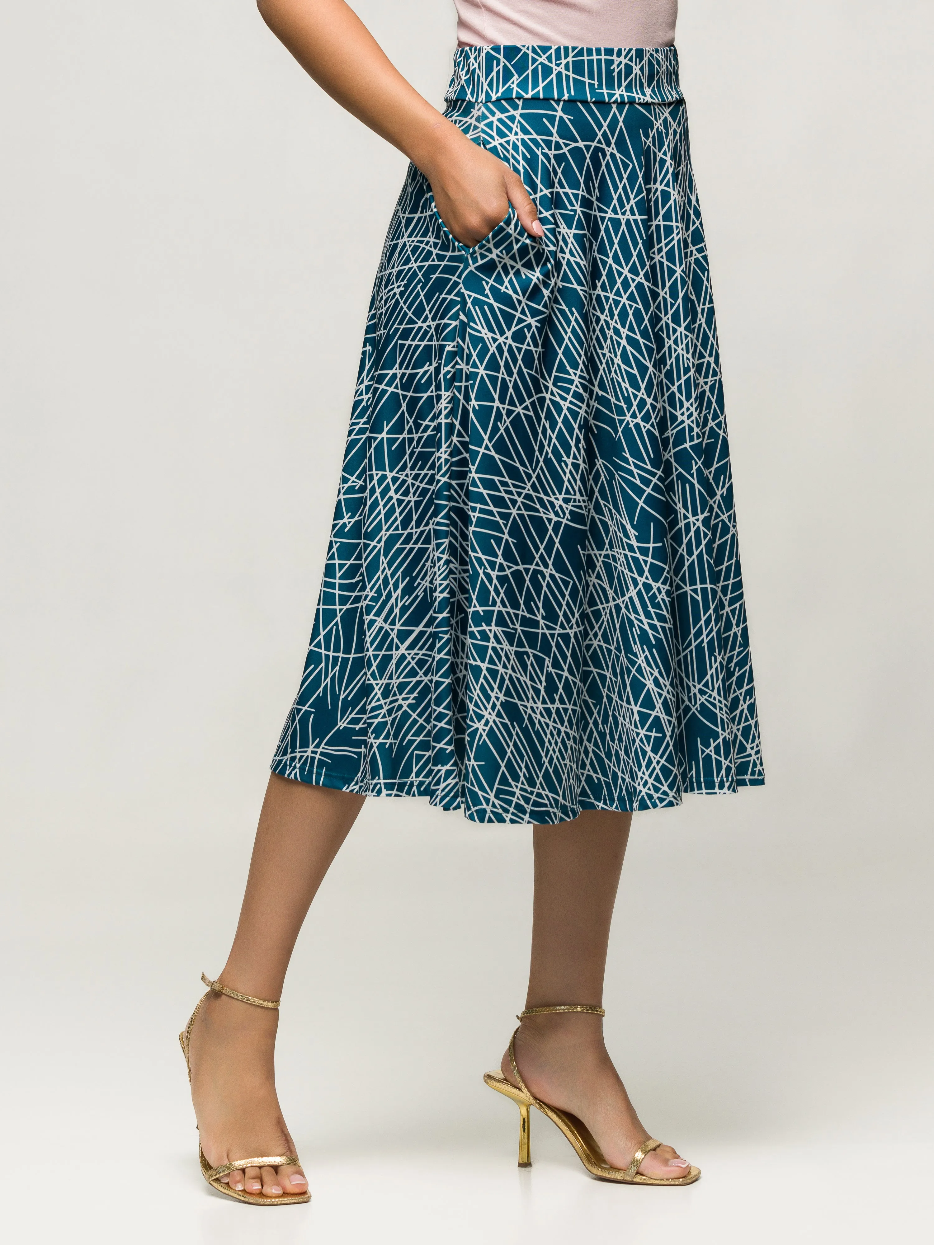 24seven Comfort Apparel Womens Teal Geometric Print Elastic Waist Pocket Midi Skirt sold by 24/7 Comfort Apparel product image thumbnail 5