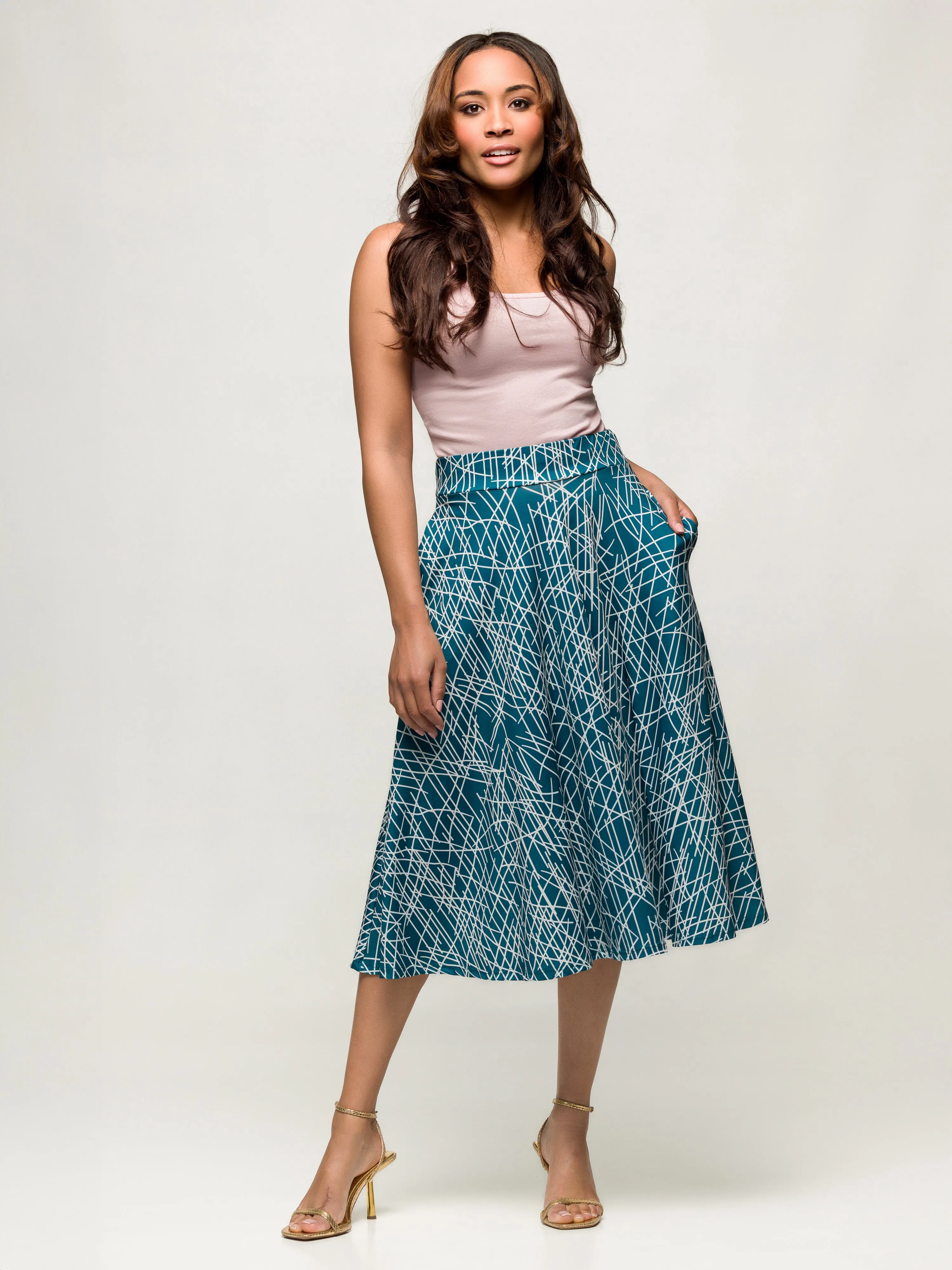 24seven Comfort Apparel Womens Teal Geometric Print Elastic Waist Pocket Midi Skirt sold by 24/7 Comfort Apparel product image thumbnail 3