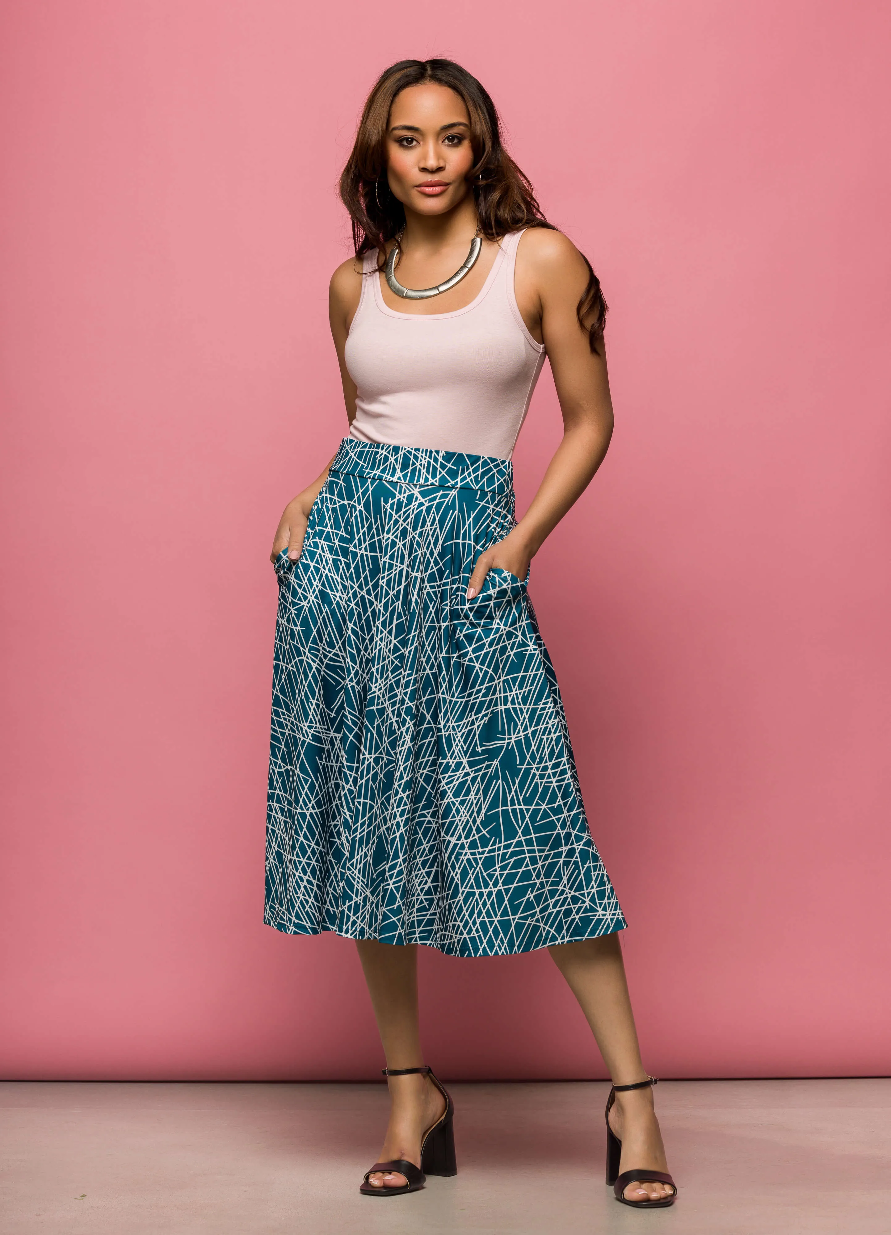 24seven Comfort Apparel Womens Teal Geometric Print Elastic Waist Pocket Midi Skirt sold by 24/7 Comfort Apparel product image thumbnail 2