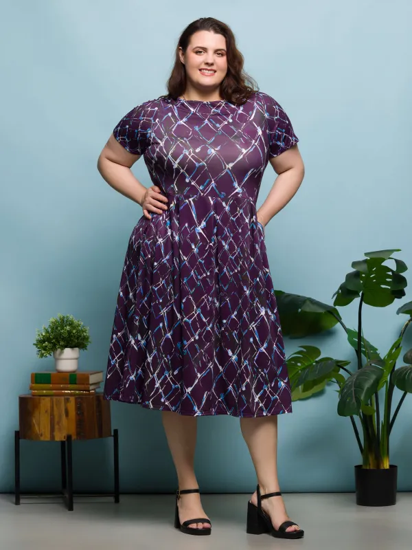 24seven Comfort Apparel Plus Size Purple Print Short Sleeve Pleated Flare Midi Pocket Dress sold by 24/7 Comfort Apparel