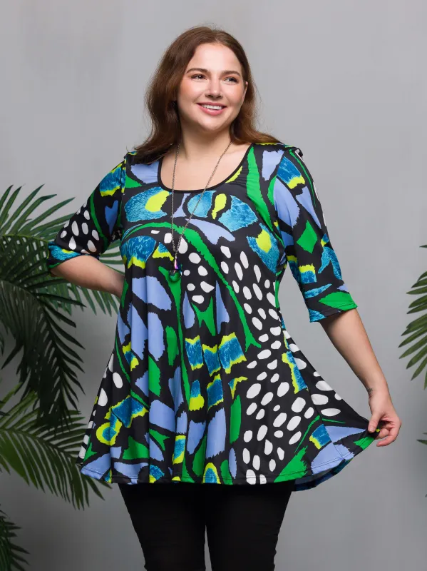 24seven Comfort Apparel Plus Size Blue Butterfly Print Elbow Sleeve Casual Tunic Top sold by 24/7 Comfort Apparel