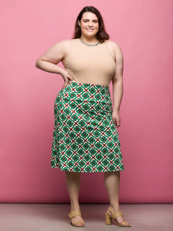 24seven Comfort Apparel Plus Size Green Geometric Print Comfortable Elastic Waist Knee Length Skirt sold by 24/7 Comfort Apparel