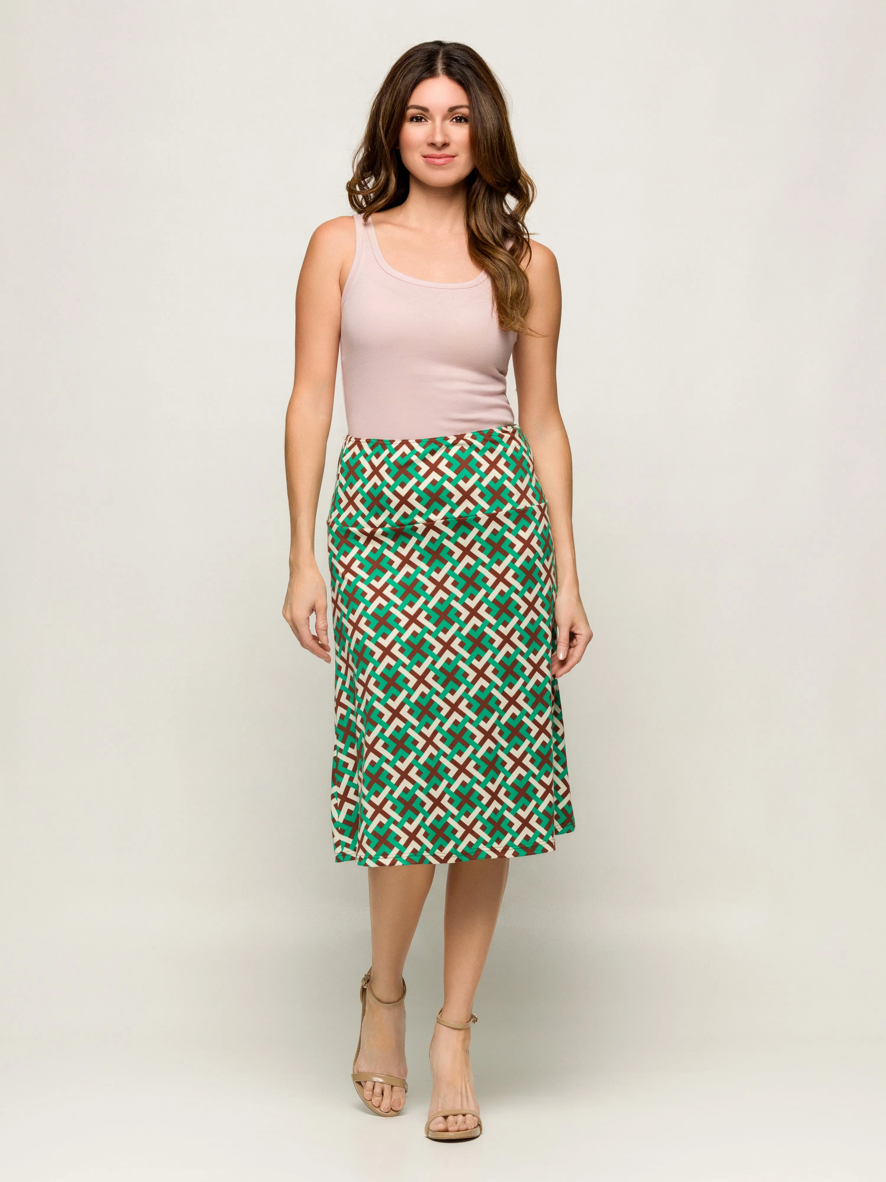 24seven Comfort Apparel Green Geometric Print Comfortable Elastic Waist Knee Length Skirt sold by 24/7 Comfort Apparel product image thumbnail 3