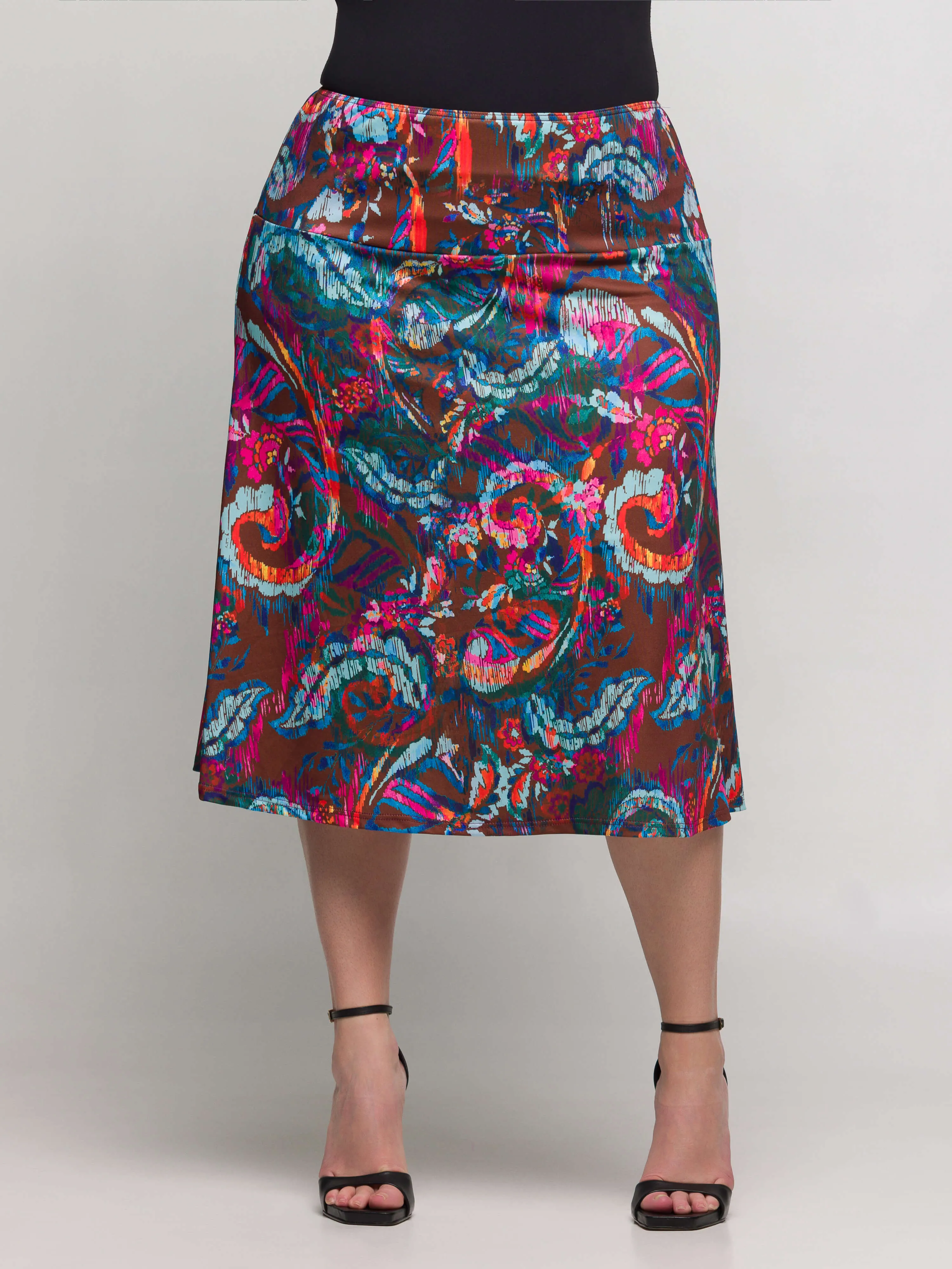 24seven Comfort Apparel Plus Size Brown Paisley Print Comfortable Elastic Waist Knee Length Skirt sold by 24/7 Comfort Apparel product image thumbnail 4