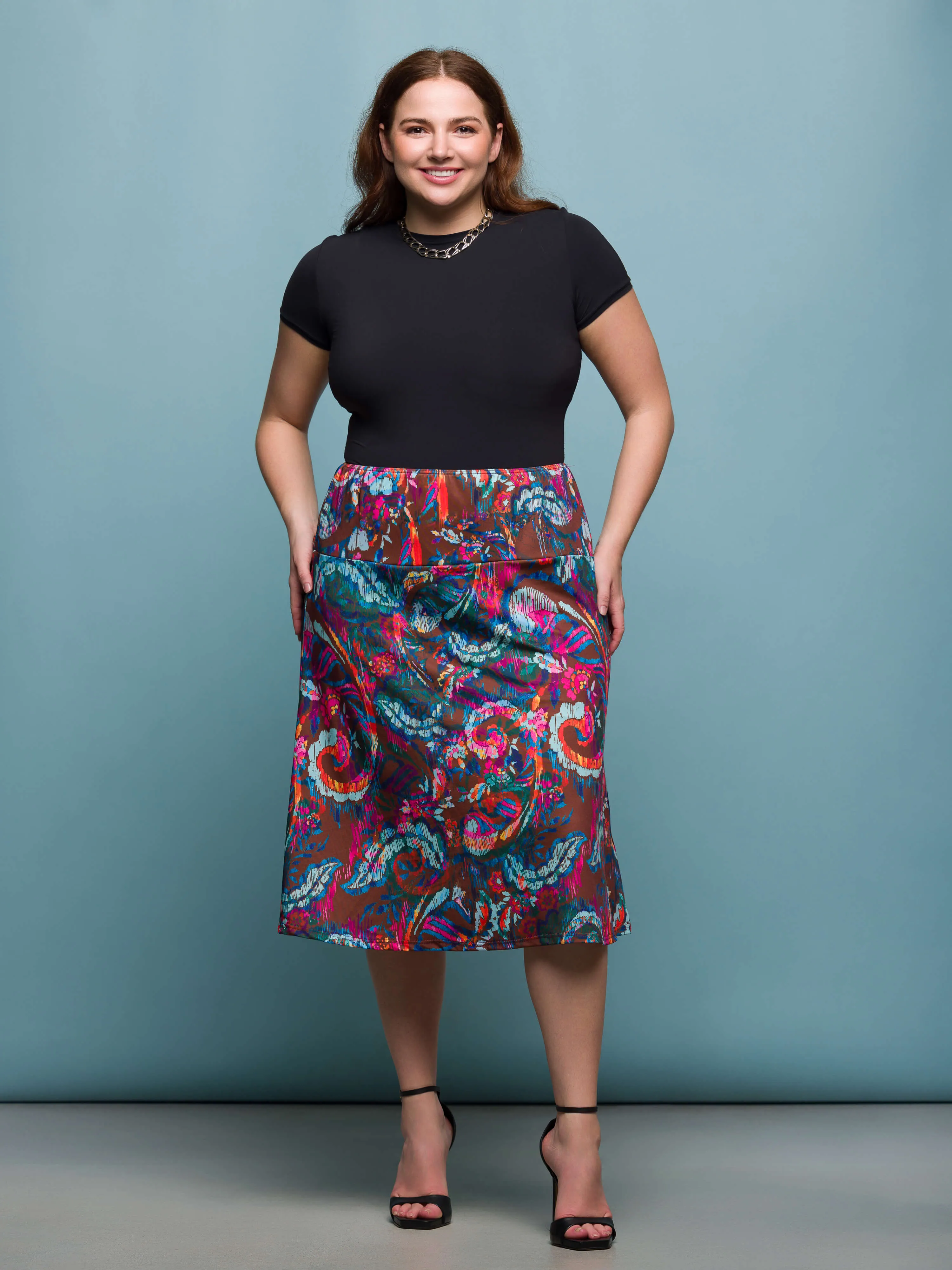 24seven Comfort Apparel Plus Size Brown Paisley Print Comfortable Elastic Waist Knee Length Skirt sold by 24/7 Comfort Apparel product image thumbnail 2