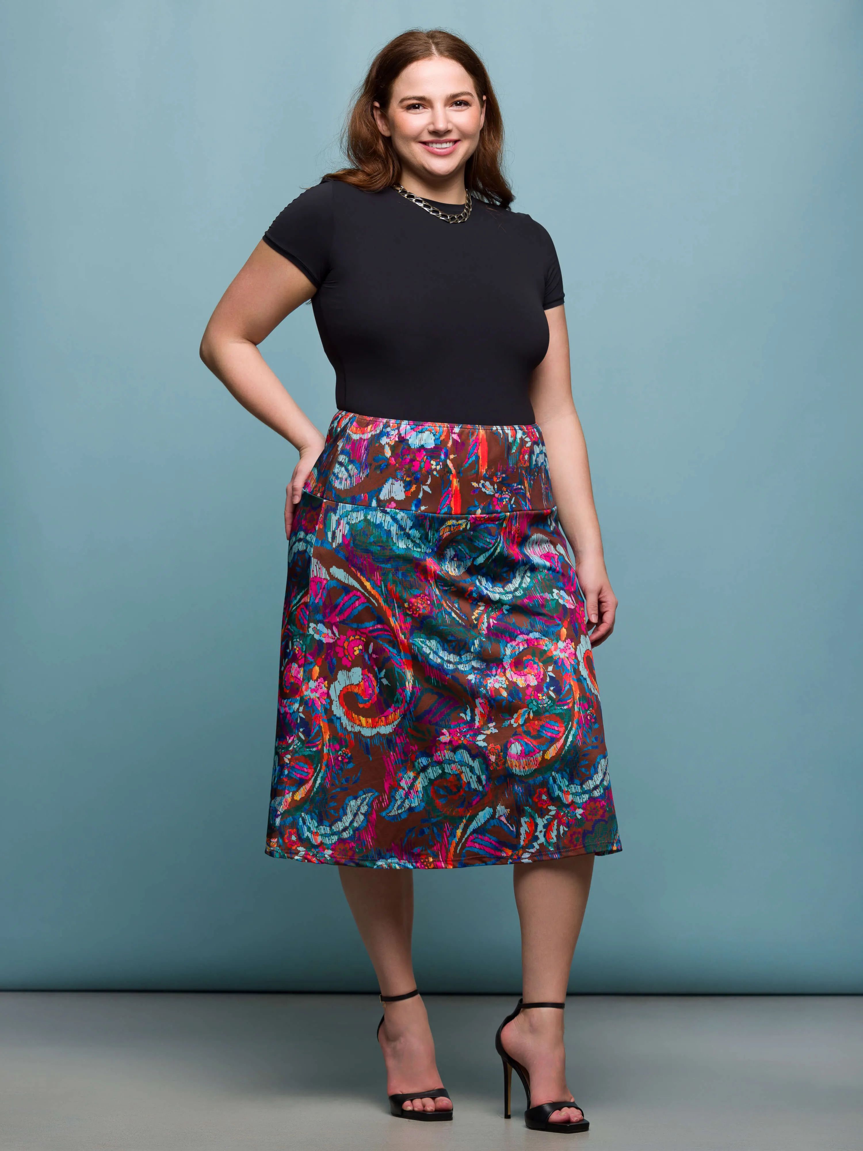 24seven Comfort Apparel Plus Size Brown Paisley Print Comfortable Elastic Waist Knee Length Skirt sold by 24/7 Comfort Apparel