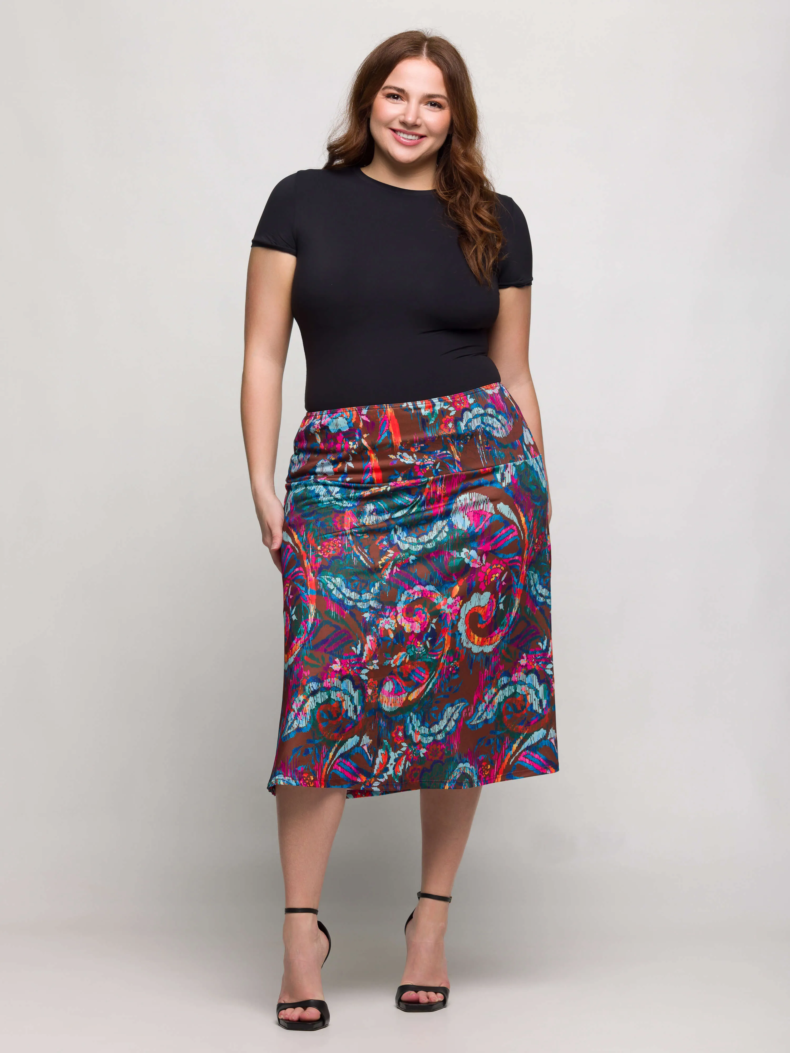 24seven Comfort Apparel Plus Size Brown Paisley Print Comfortable Elastic Waist Knee Length Skirt sold by 24/7 Comfort Apparel product image thumbnail 3