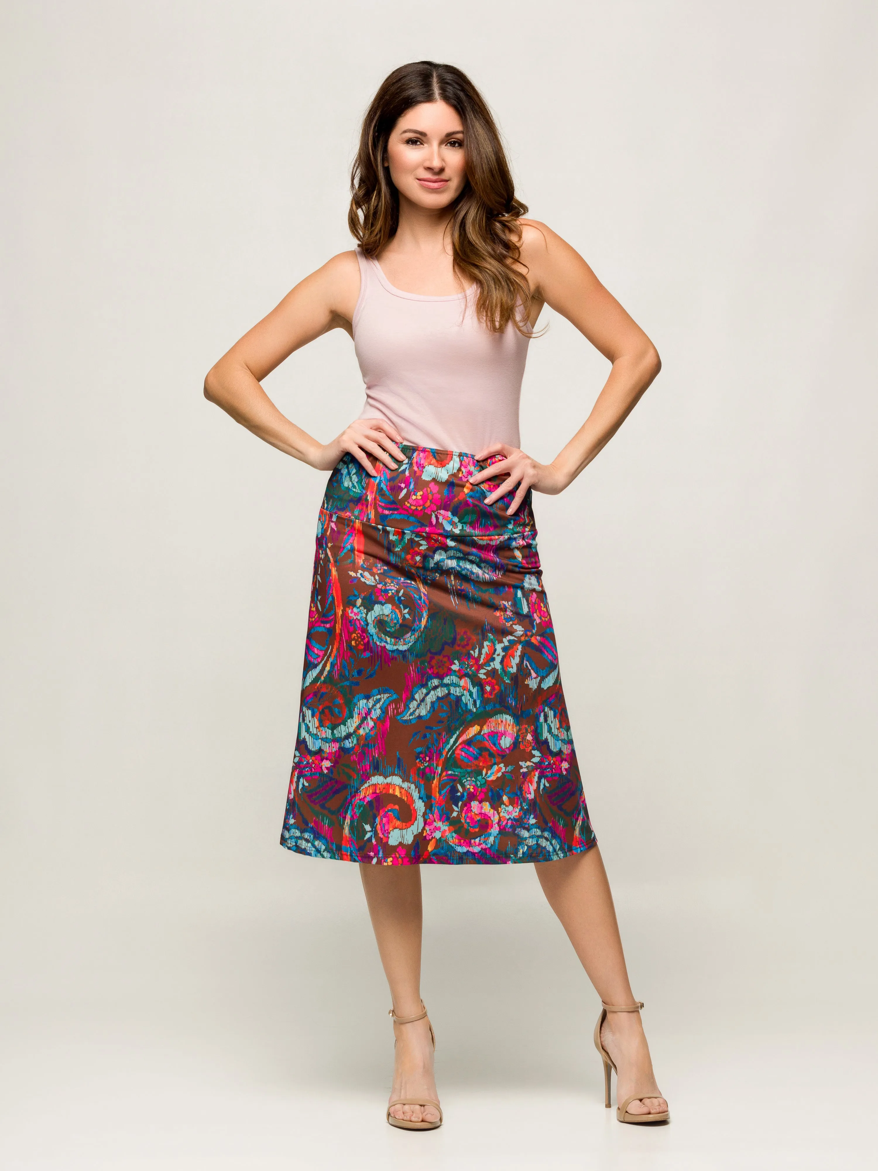 24seven Comfort Apparel Brown Paisley Print Comfortable Elastic Waist Knee Length Skirt sold by 24/7 Comfort Apparel product image thumbnail 3