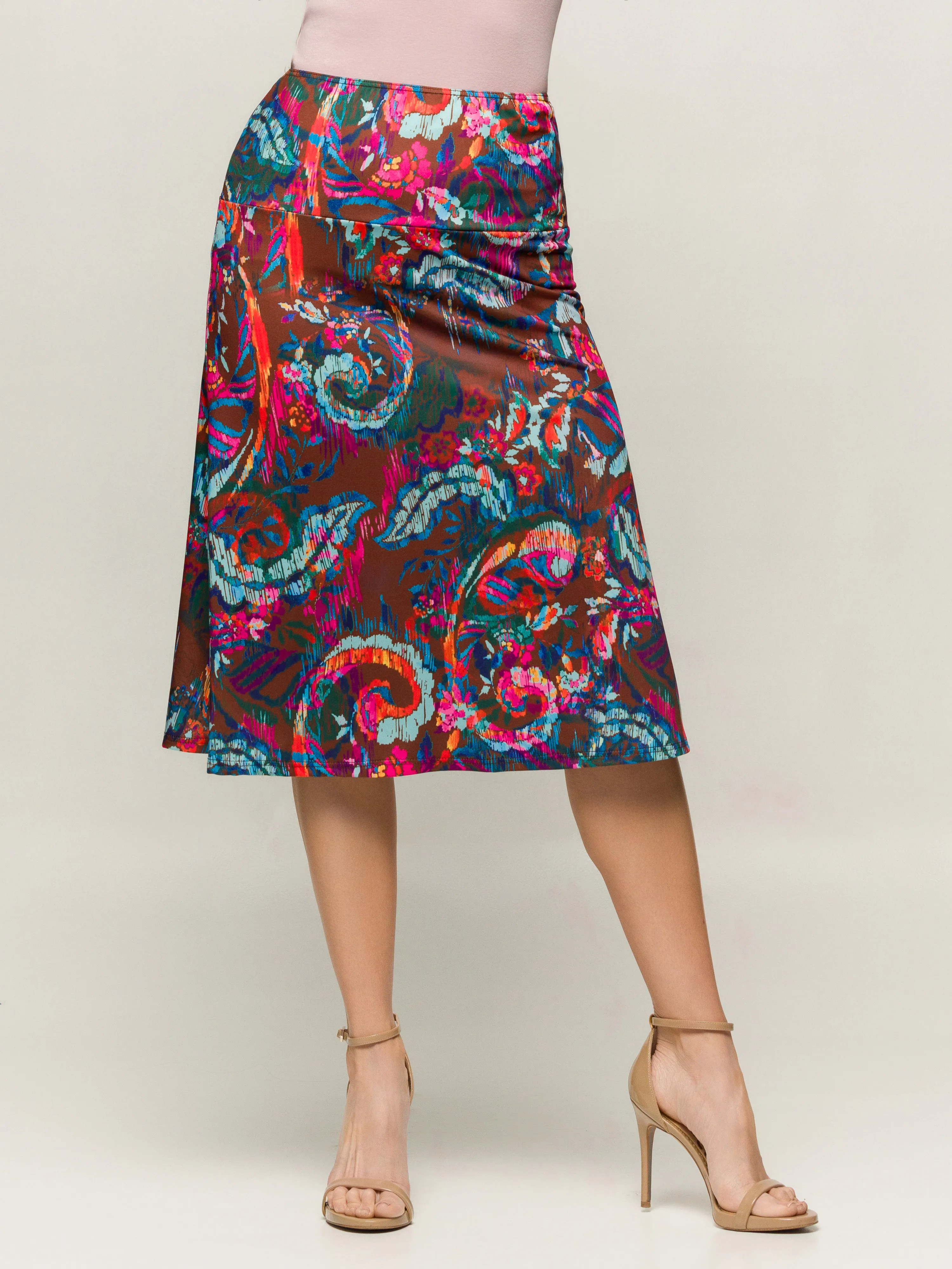 24seven Comfort Apparel Brown Paisley Print Comfortable Elastic Waist Knee Length Skirt sold by 24/7 Comfort Apparel product image thumbnail 5
