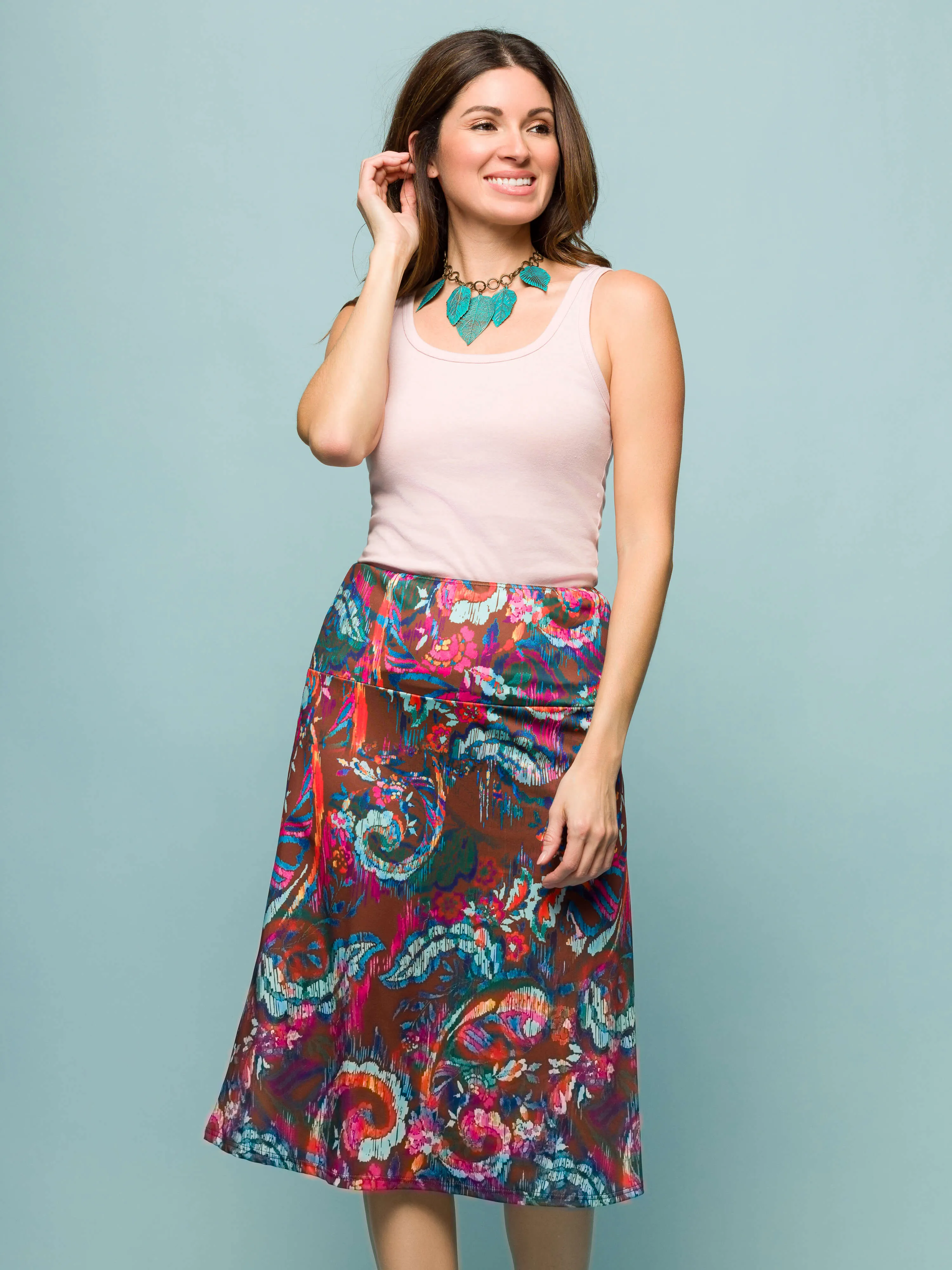 24seven Comfort Apparel Brown Paisley Print Comfortable Elastic Waist Knee Length Skirt sold by 24/7 Comfort Apparel product image thumbnail 2